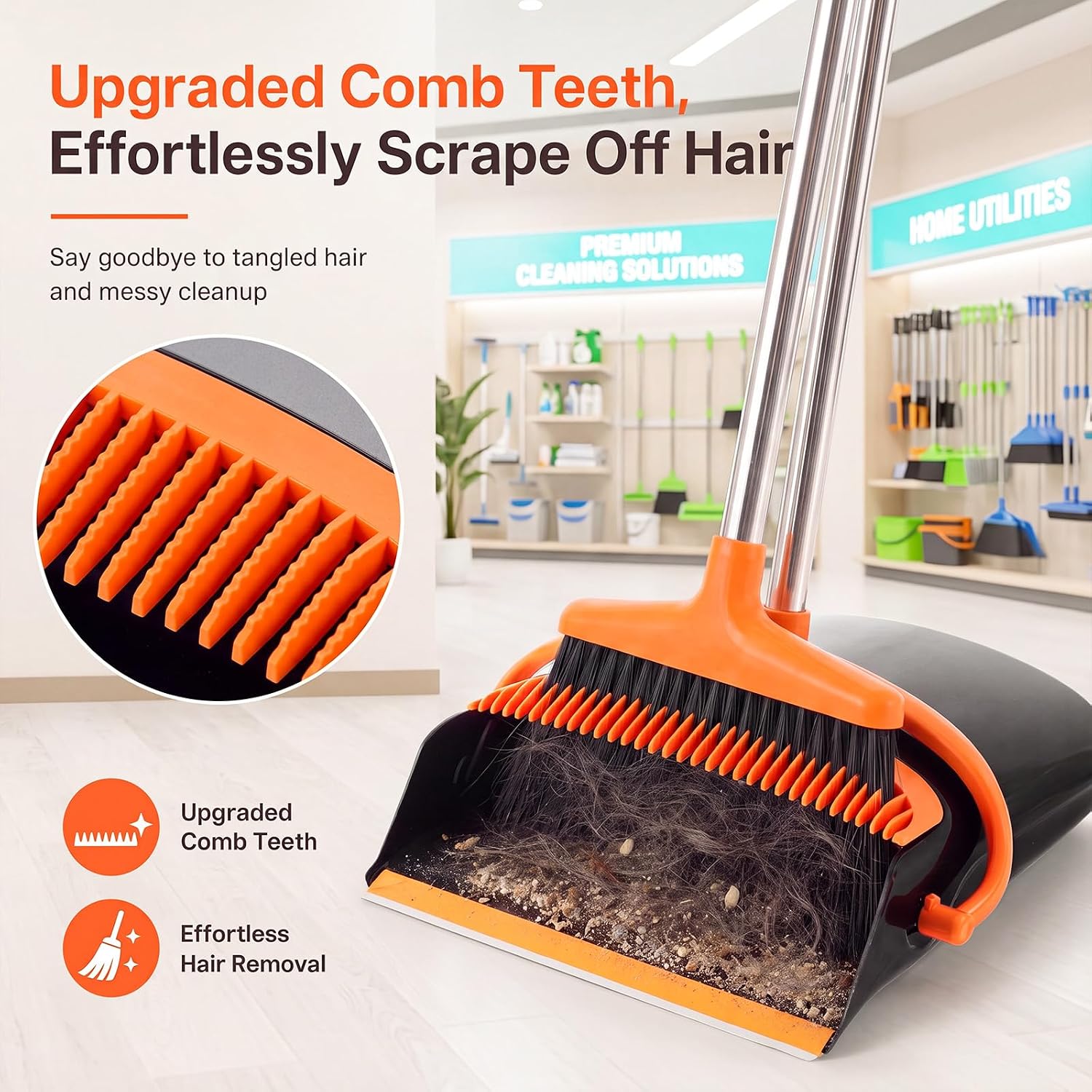 Broom And Dustpan Set, 54.33 Inches Long Handle, Upright Dustpan With Lightweight Stainless Steel Rod, Upright Dustpan, Suitable For Various Scenarios Such As Kitchen, Office And Cleaning Pet Dog Hair — image 9