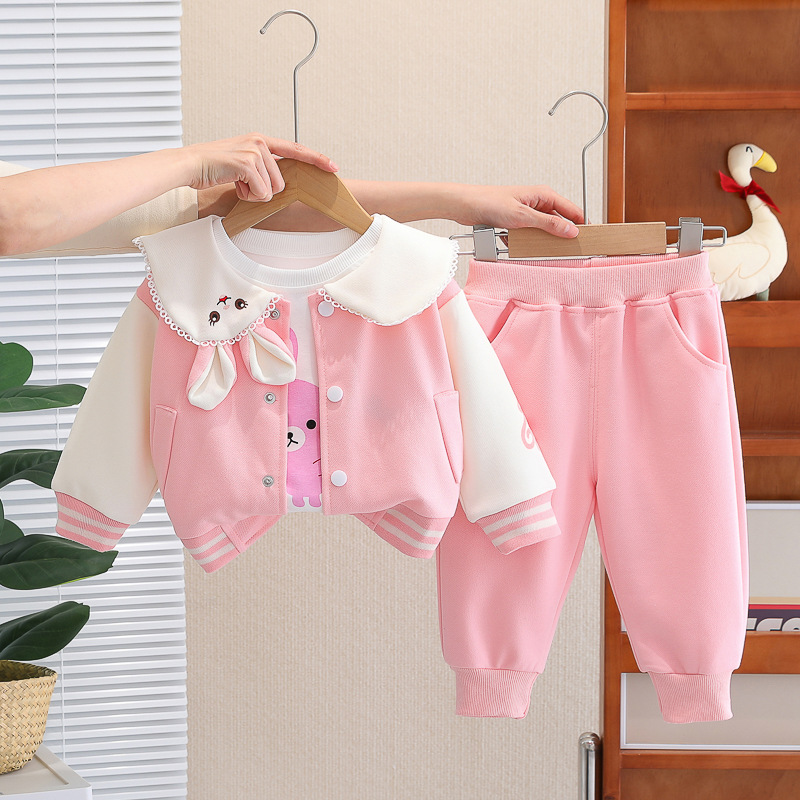 Girls 0-4 Years Old Rabbit Print Zipper Hoodie Pants Set with Wide Collar — image 3