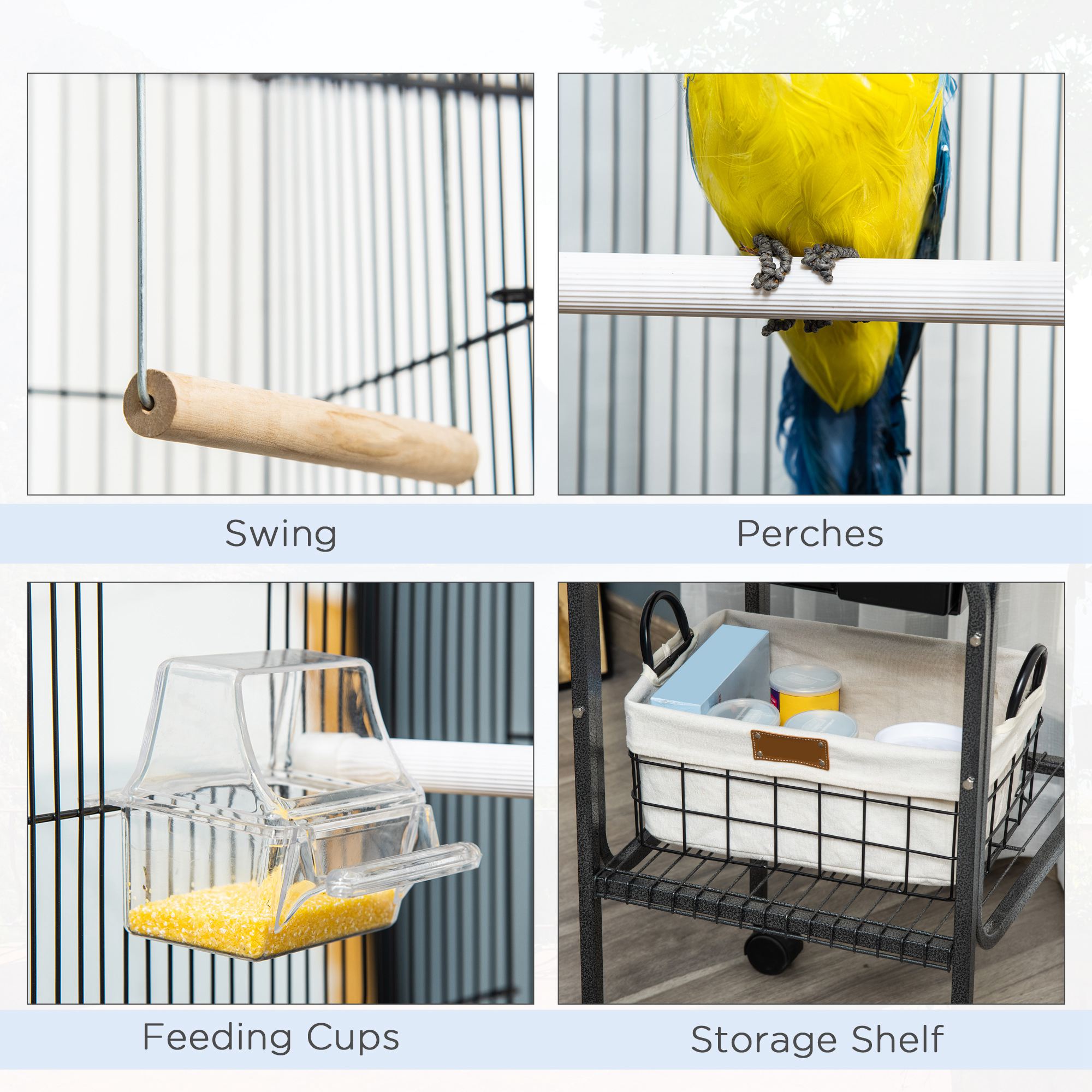 45-inch Metal Indoor Bird Cage, Parrot Cage, Bird Aviary with Detachable Rolling Stand, Storage Basket, and Accessories - Black — image 4