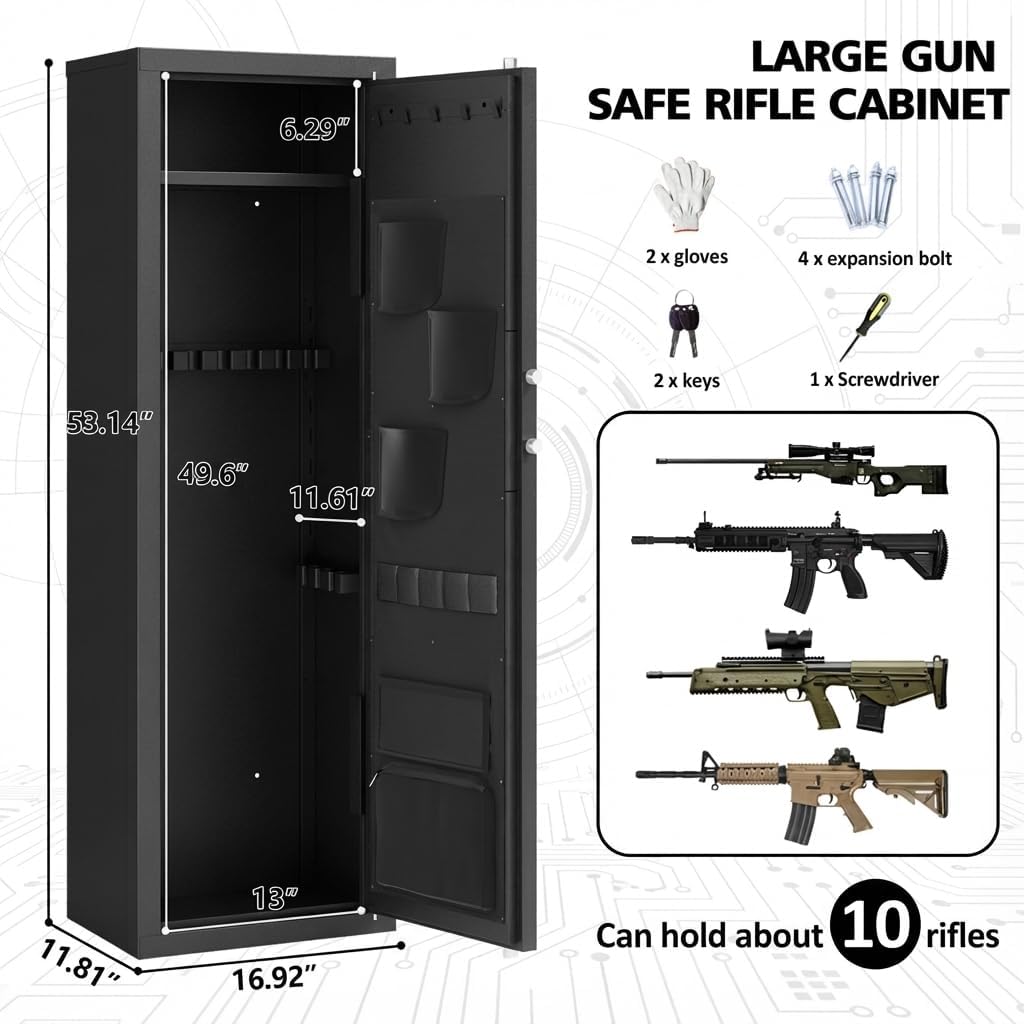 Caja Fuerte para 12-15 Armas, Rifles y Pistolas, Gabinete Grande con Cerradura Digital de Teclado, Caja de Seguridad de Acero Antipalanca, Estantes Ajustables y Funda para Pistola para Defensa del Hogar y Almacenamiento de Caza — imagen 8