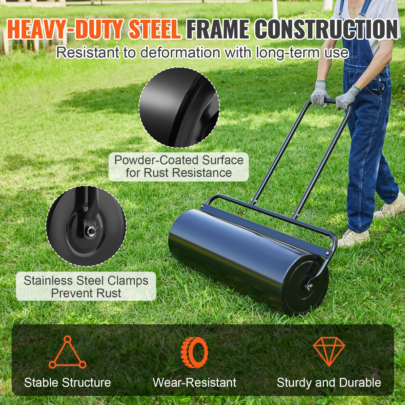 Lawn Roller, 17 Gallon Sand/Water Filled Yard Roller, Steel Sod Roller With Easy-turn Plug And U-Shaped Ergonomic Handle For Convenient Push And Pull, For Lawn, Garden, Farm, Park, Black — imagen 3