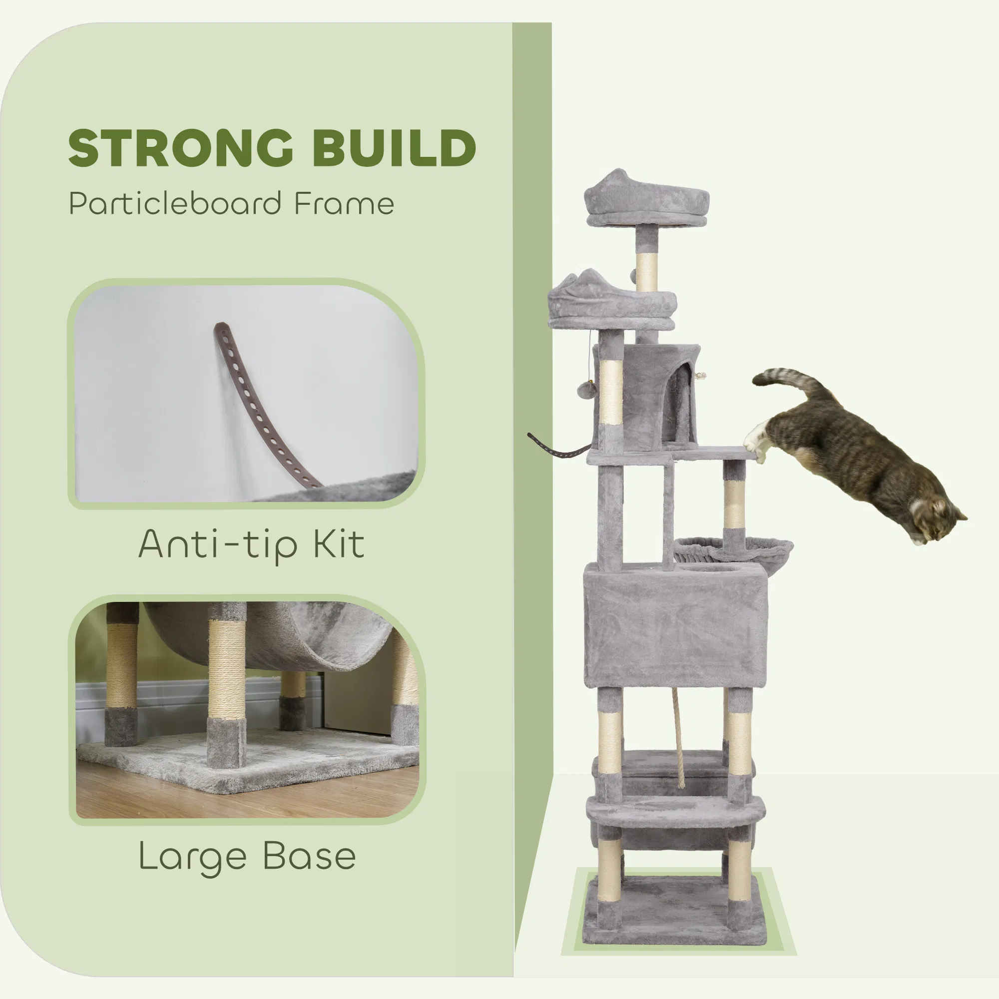81" Large Cat Tree w/ Scratching Posts, Condos, Beds, Hammocks, Jumping Platforms, Toy Balls, Rope Cat Toy, Light Grey — image 6