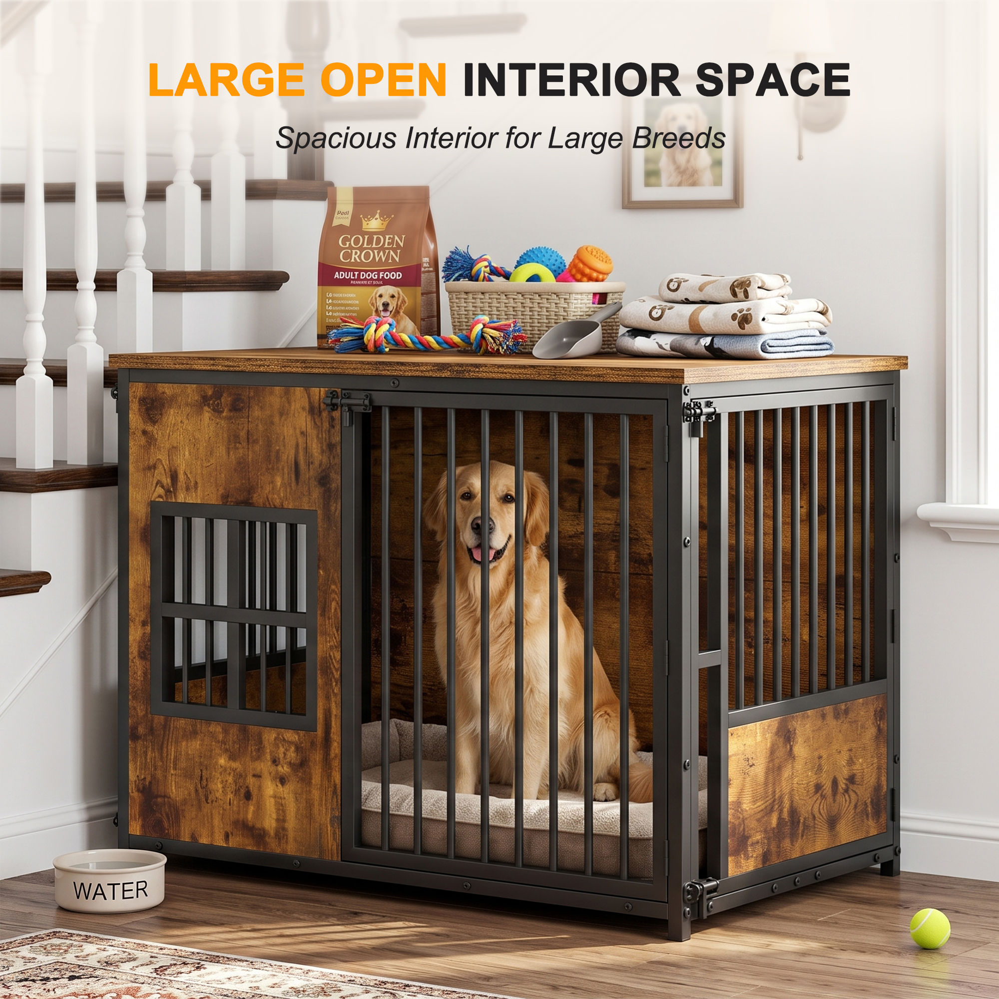 Wooden Dog Crate Furniture, Large Dog Kennel with Storage Top, Indoor Pet Cage — image 10