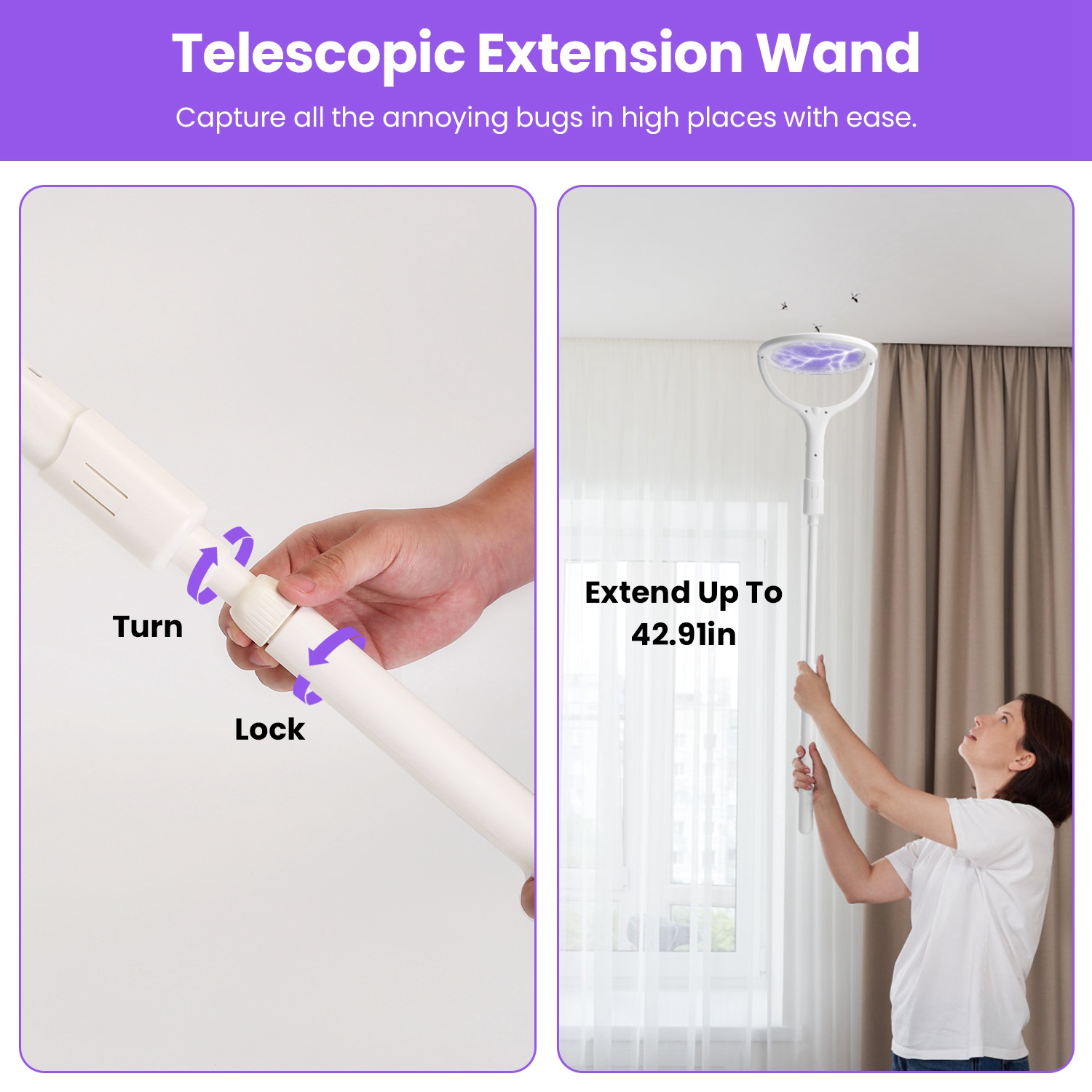 Raqueta Matamoscas Eléctrica 3 en 1 con Cabezal Giratorio de 90 Grados, Mata Mosquitos de Mano para Interior y Exterior con Vara de Extensión Telescópica — imagen 7