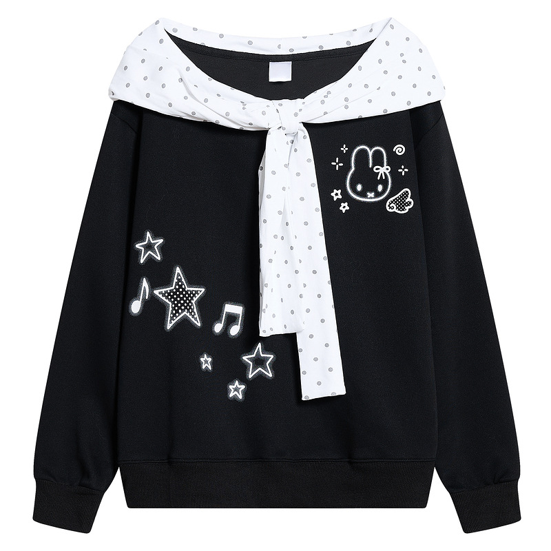 Black and white color blocked pullover rabbit star note embroidered hoodie — image 6