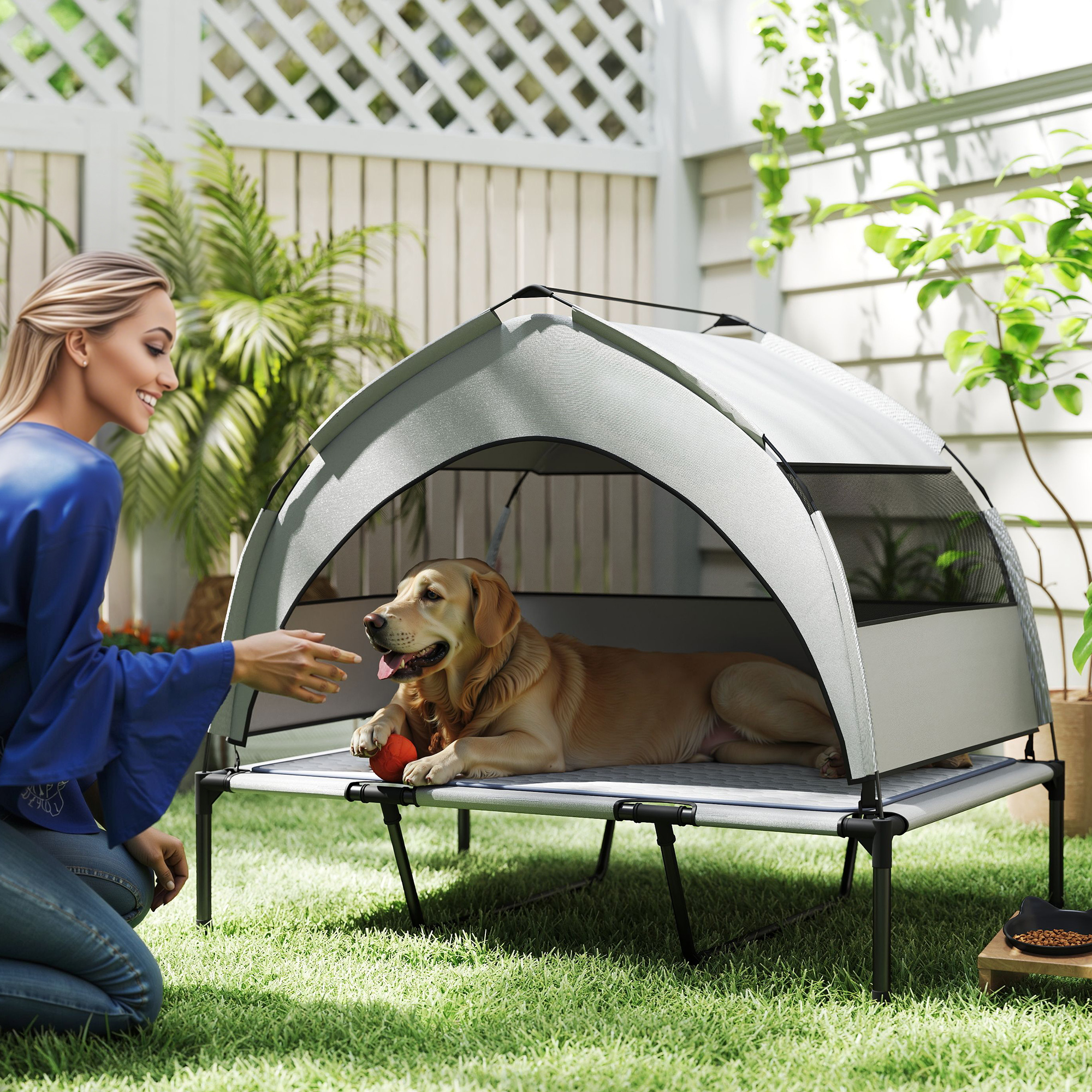Elevated Dog Bed with Removable Canopy, Portable Outside Raised Pet Cot with Cooling Pad, Storage Bag, 42" x 30" x 37" — image 6