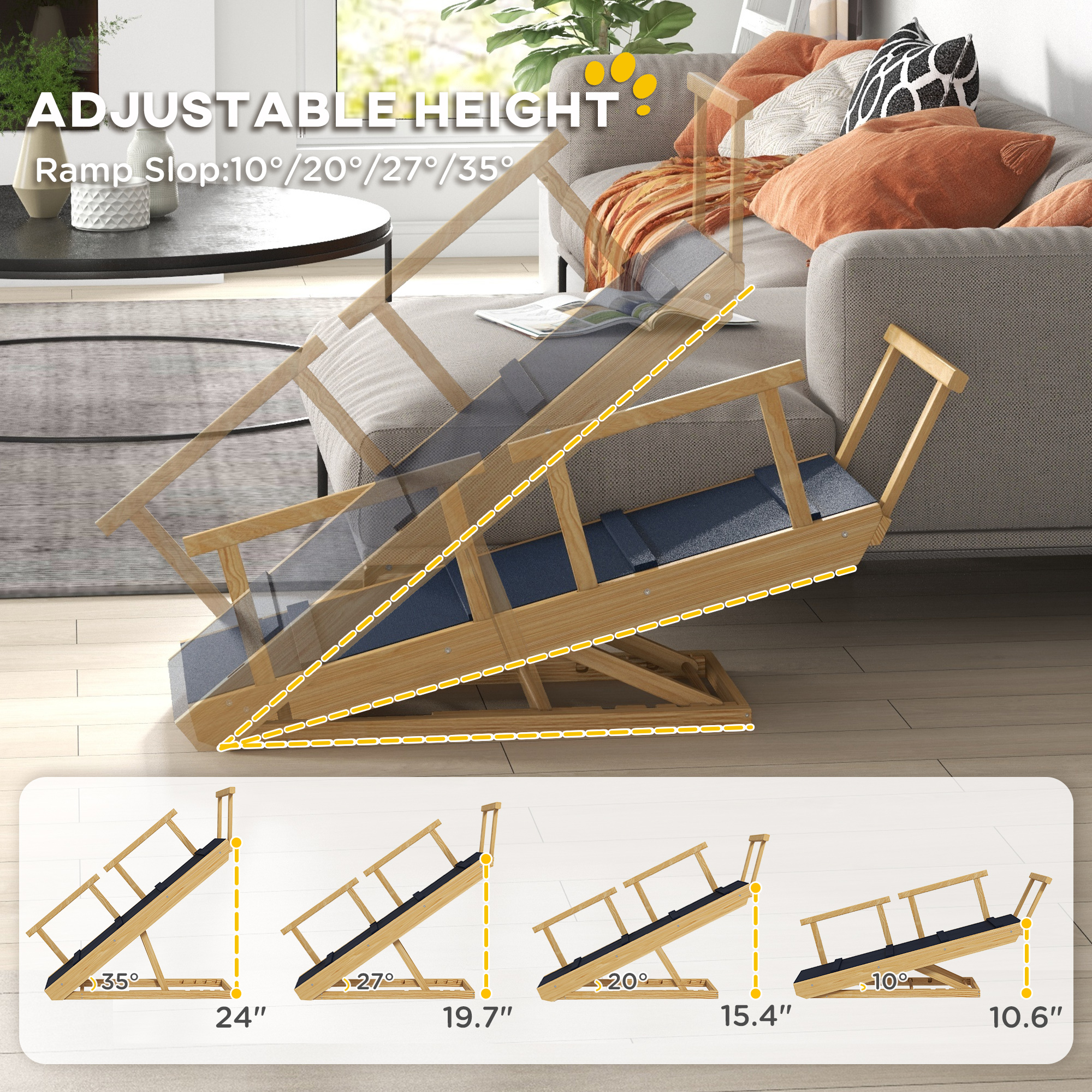 Paso para Perros, Escaleras de Madera para Mascotas con Tela de No Deslizar y Soportes Laterales — imagen 7