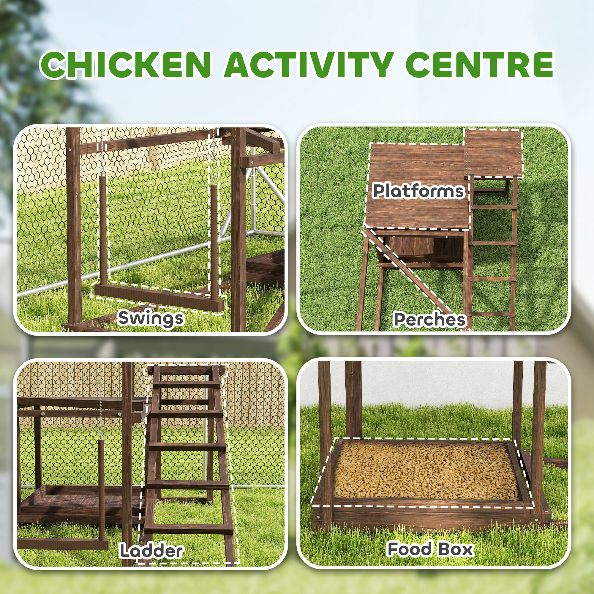 Wooden Chicken Activity Play Set With Perch, Swing, Ladder, Platforms, Feeder Storage, Coffee — imagen 2