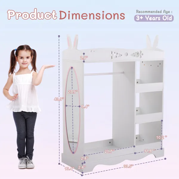 White MDF + Particleboard Children's Wardrobe With 1 Mirror, 3 Shelves, And 1 Clothes Rod; Rabbit Ear Design — imagen 3