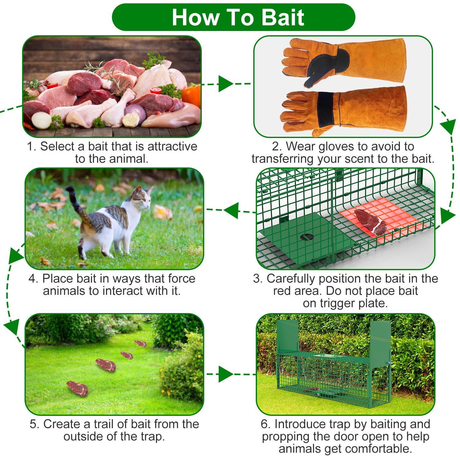 Jaula Trampa para Animales Vivos de 32 Pulgadas con 2 Puertas y Guante, Verde, para Animales de Menos de 12LBS, Fácil de Instalar, Trampa Humanitaria de Hierro Galvanizado para Conejos, Marmotas, Zorrillos, Zarigüeyas, Nutrias y Gatos Callejeros — imagen 3