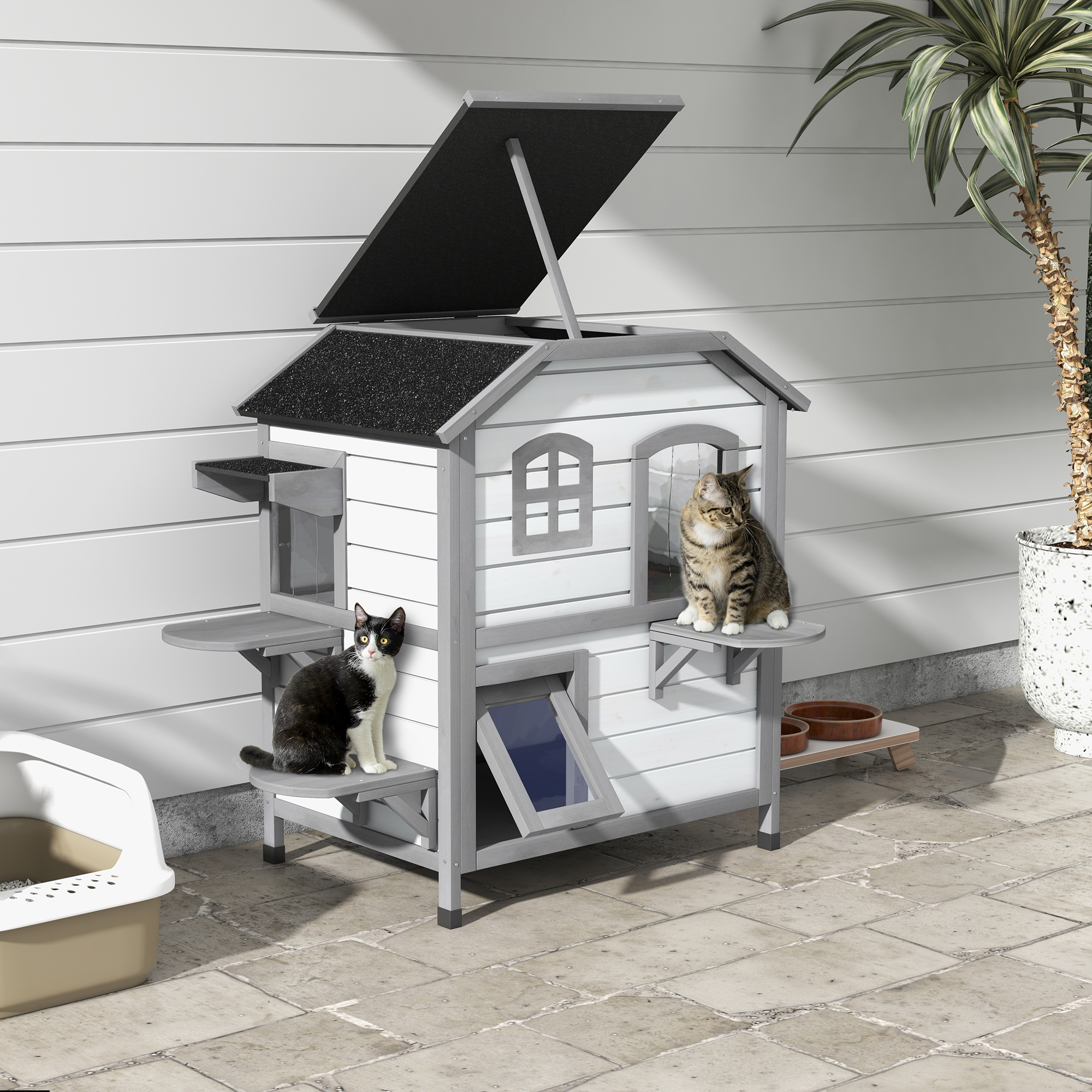 Wooden 2-Story Outdoor Cat House, Feral Cat Shelter Kitten Condo with Openable Asphalt Roof and 4 Platforms, White — image 7