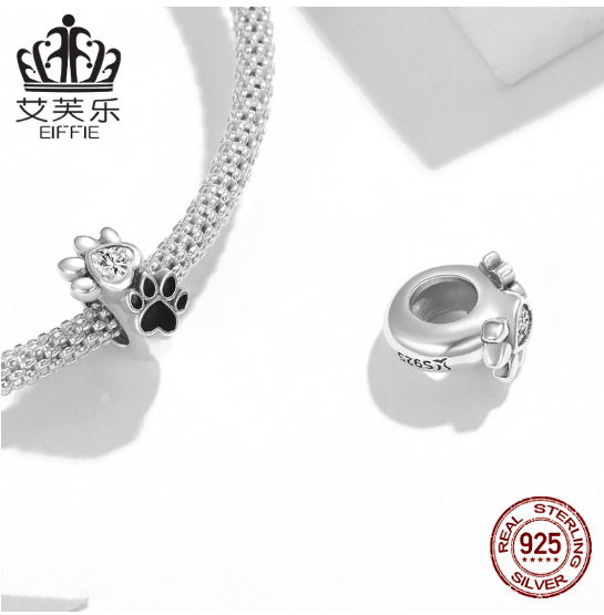 New Pet Imprint Sterling Silver Bead Bracelet s925 Cute Pet Cats And Dogs Paws Black Drip Beads — image 2