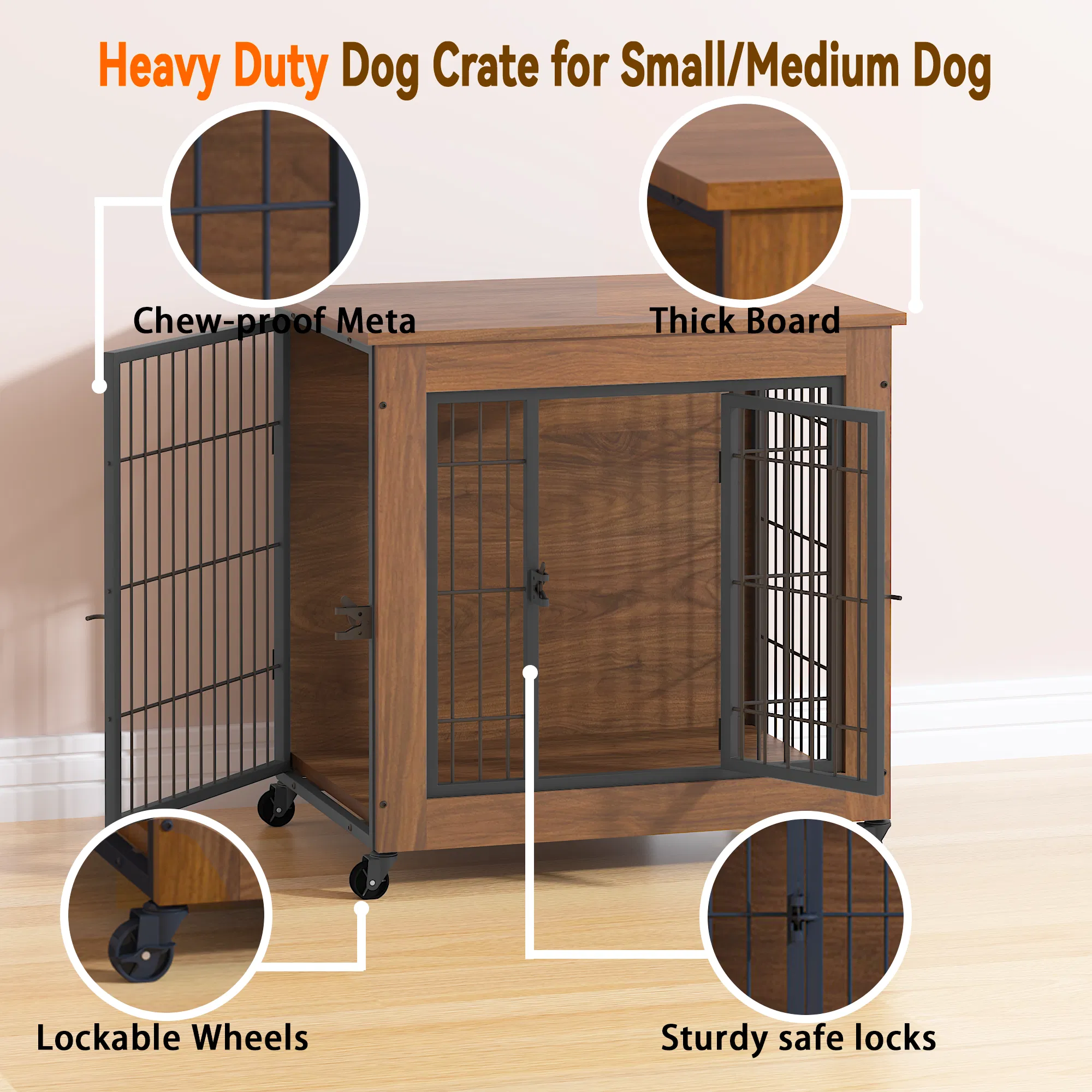 27.2" Dog Crate Furniture with Wheels for Small Dogs, Heavy Duty Dog Kennel Indoor with 2 Doors, Wooden Pet Cage End Table, Double-Doors Sturdy Metal Dog Cage for Anxiety Dog — image 7