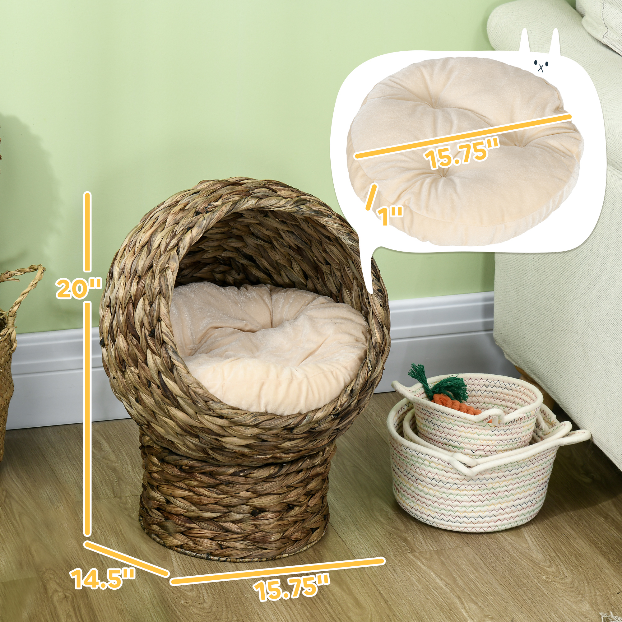 Cama para Gatos Tejida a Mano con Almohadilla Suave y Forma de Huevo, Casa de Jaula para Gatos con Soporte, Hogar Elevado de Wicker para Interior, 20" de Alto, Gris — imagen 2
