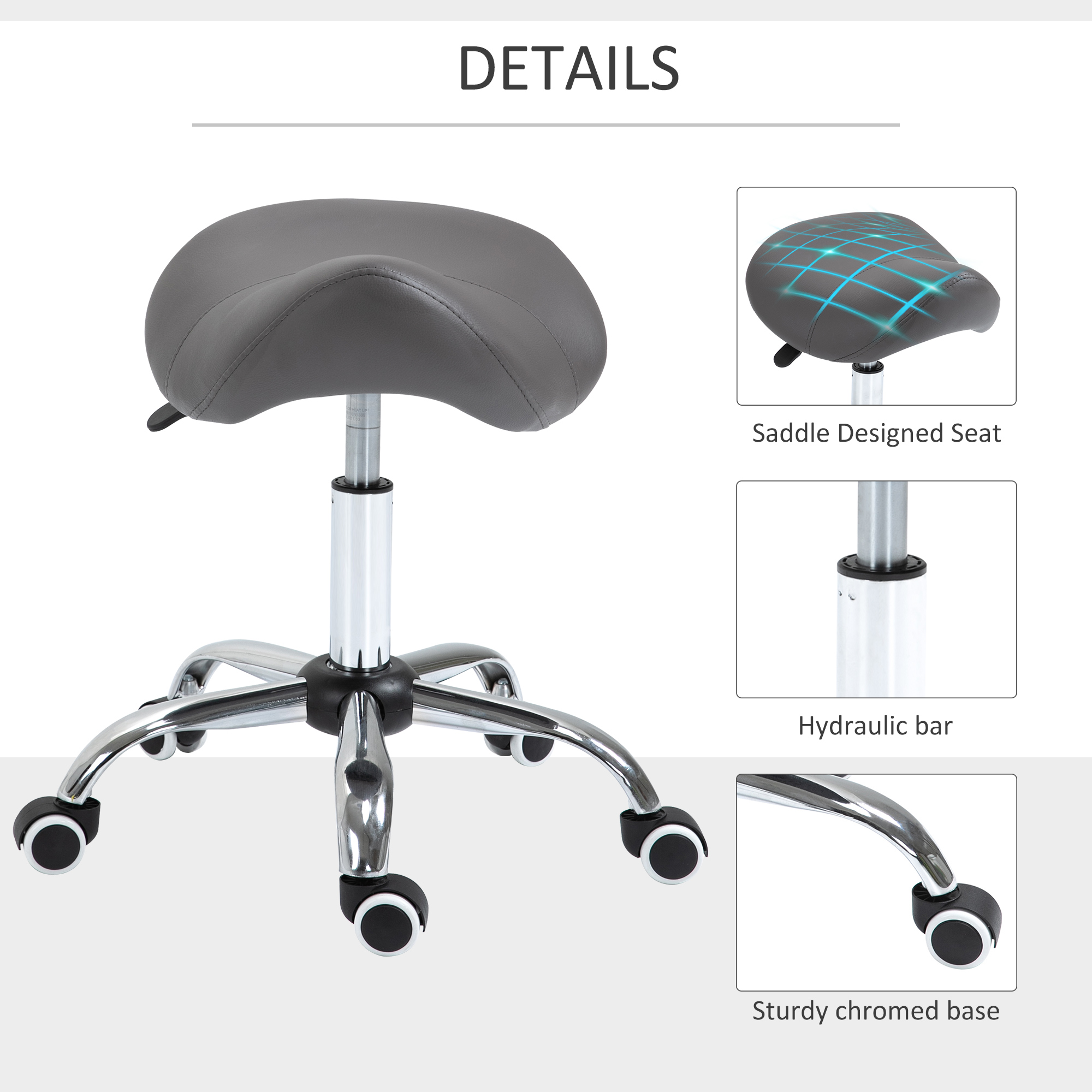 Silla de Estudio Ergonómica con Asiento de Cuero PU, Altura Regulable Hidráulica para Salones, Consultorios y Oficinas Médicas, Gris — imagen 2