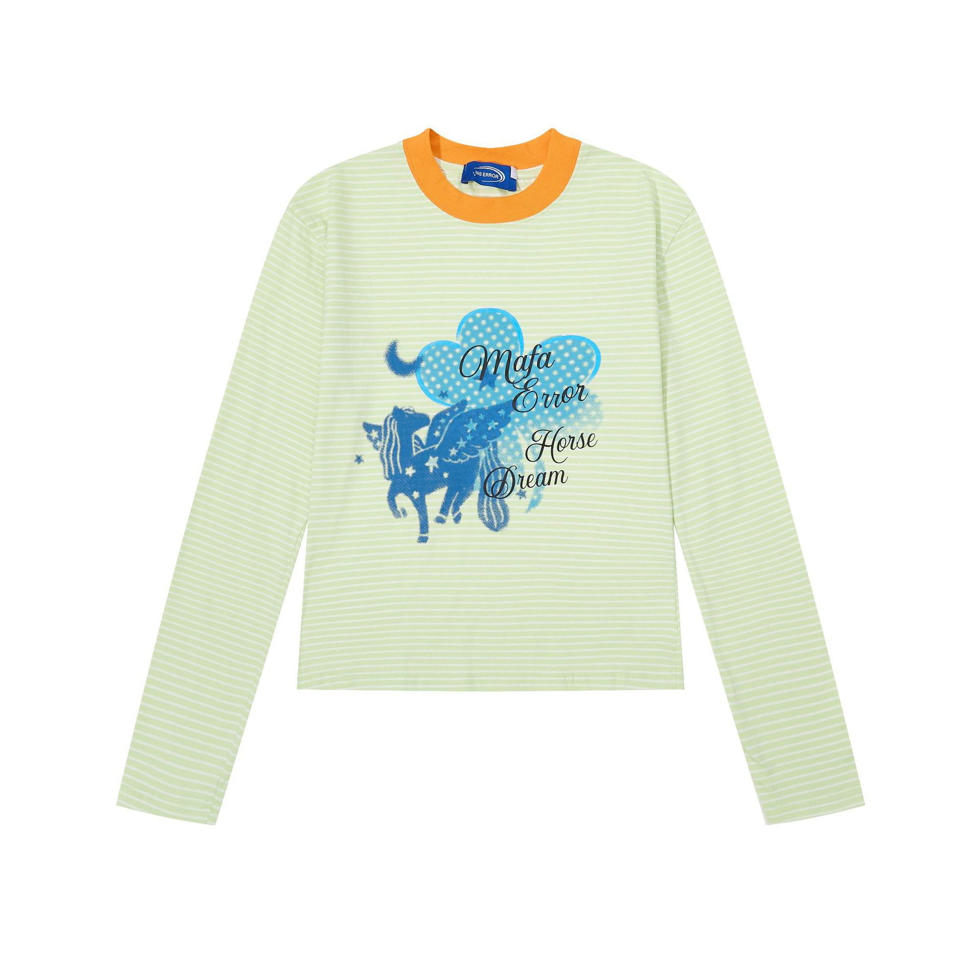 Women's Retro Long Sleeve T-Shirt - Dopamine Color-Block Striped with Cartoon Pony Print — imagen 3