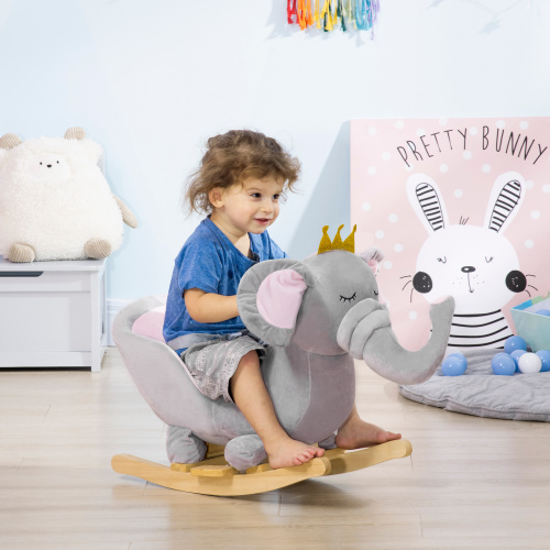 Qaba Baby Rocking Horse Elephant Rocking Chair Toddler Rocker Toy With Sound Wooden Base Seat Safety Belt For 1.5-3 Year Old, Gray — imagen 3