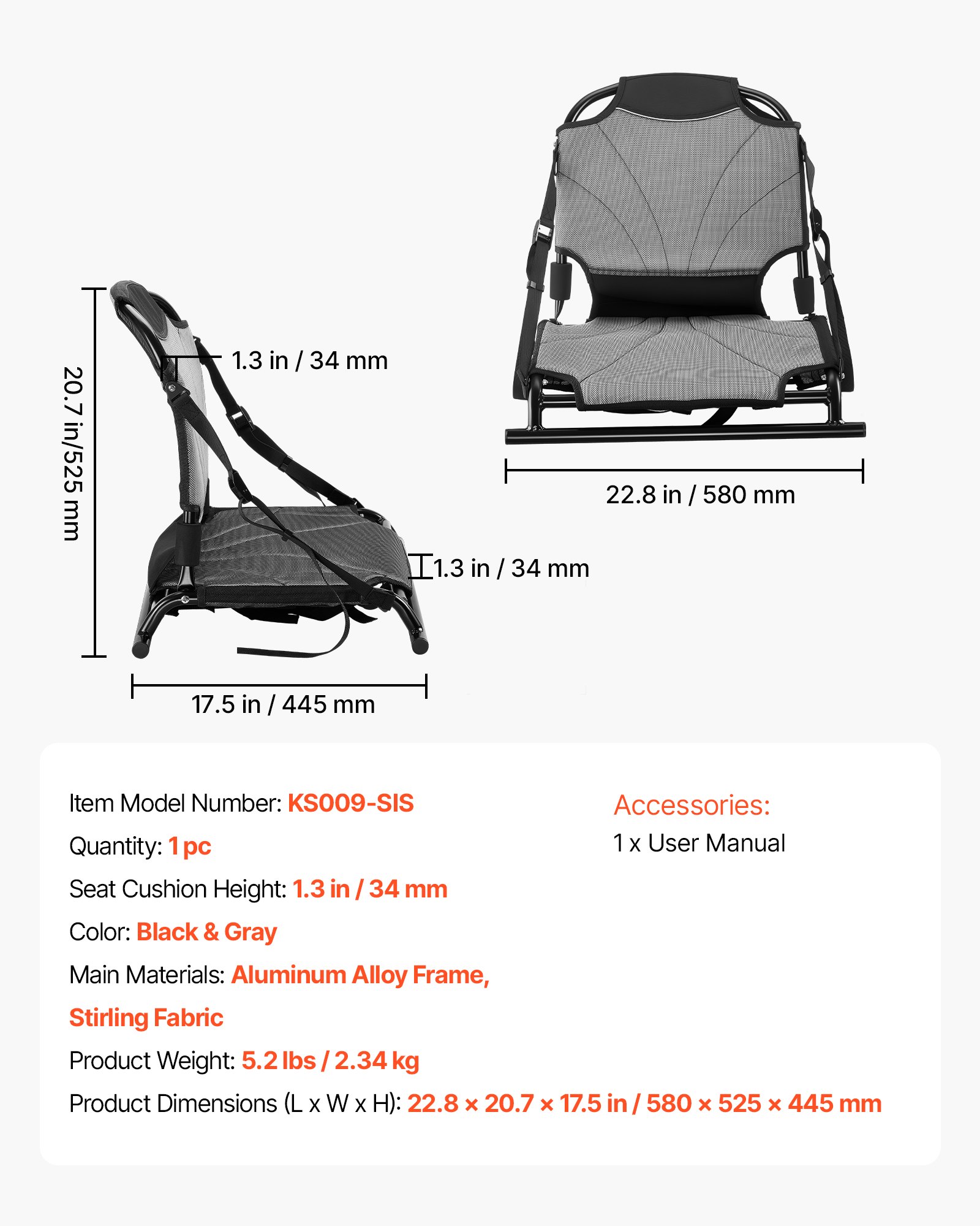 Asiento de Kayak 1 Unidad, Altura Elevada 3,3 cm, Universal Foldable con Soporte Lumbral Ajustable para Kayaks Sit-on-Top/Pesca/Inflables y Canoas — imagen 1