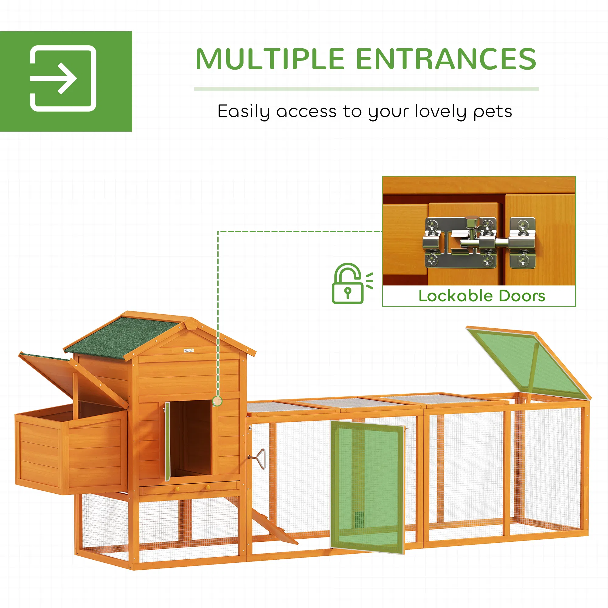 117" Extra Large Chicken Coop with Asphalt Roof, Wooden Hen House with Slide-out Tray, Quail Hutch with Nesting Box, Orange — image 5