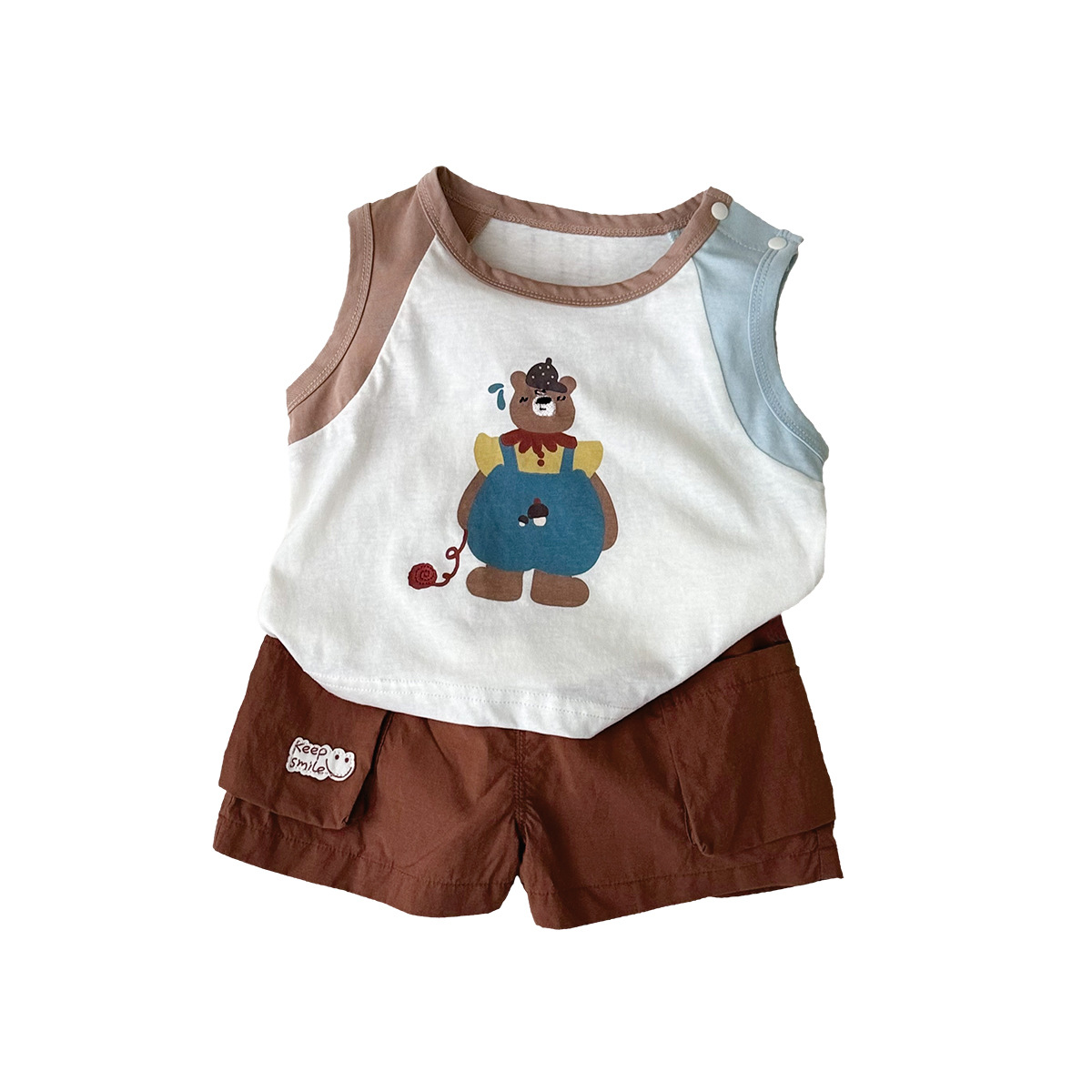 Boy's Stylish Two-Piece Set, Cartoon Bear Sleeveless Color-Block T-Shirt — image 1