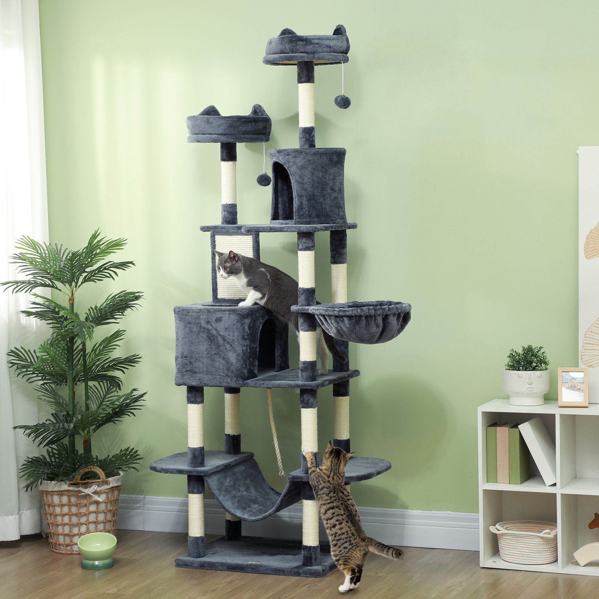 Rascador para Gatos de 81" con Postes Rascadores, Tabla Rascadora, Casitas, Camas, Hamacas, Pelotas de Juguete y Juguete de Cuerda, Gris — imagen 1
