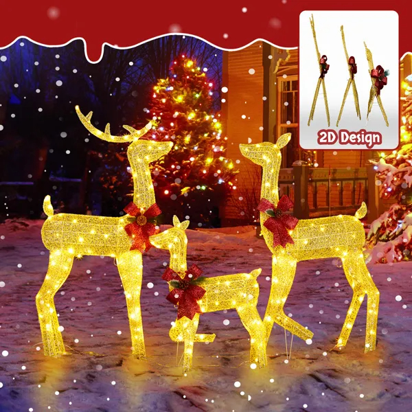 Set de 3 Piezas de Renos Navideños Iluminados para Decoración Exterior, Familia de Ciervos 2D Resistente a la Intemperie, Decoración Navideña con 200 Luces LED Blancas Cálidas Preinstaladas y Estacas, Dorado — imagen 13