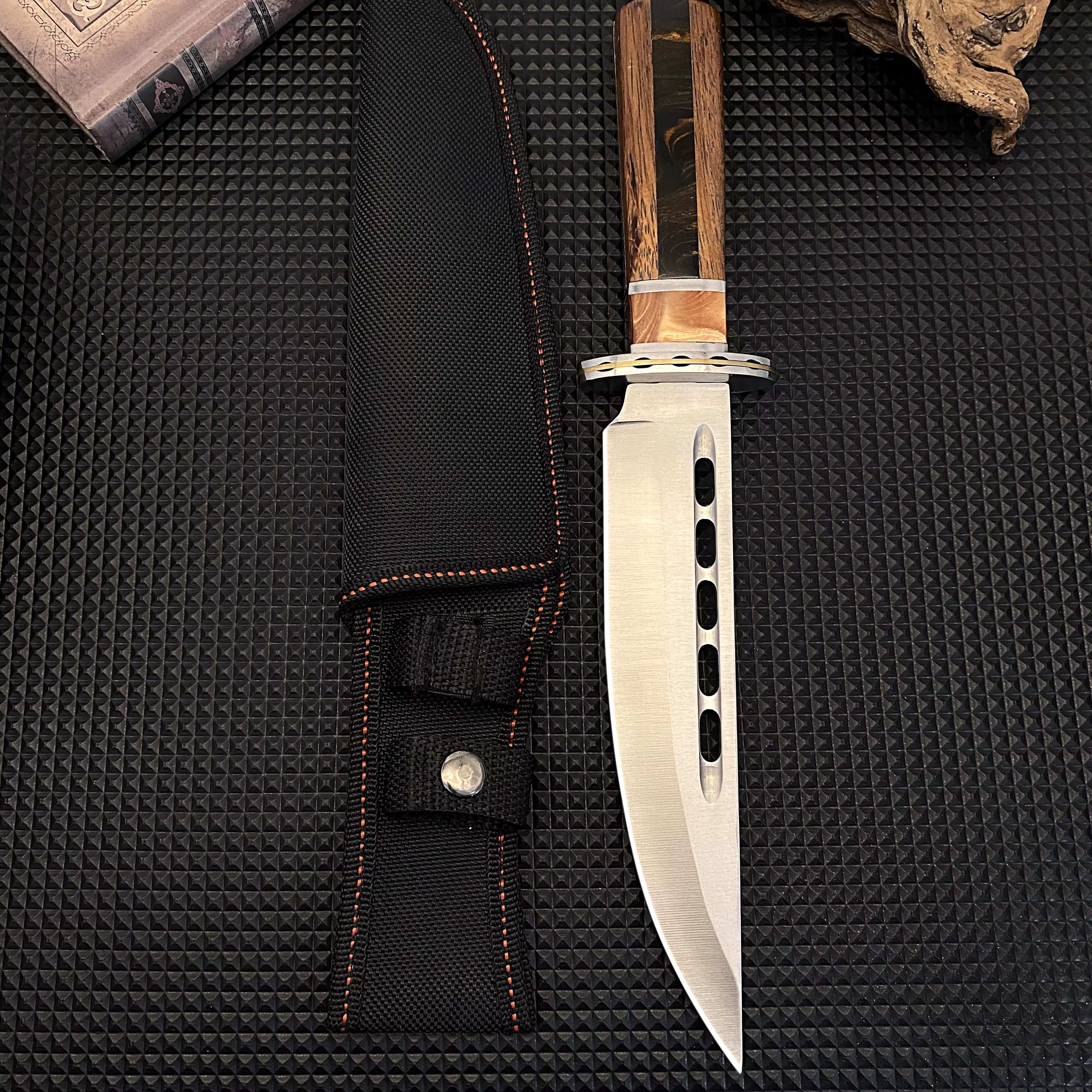 Outdoor tactical straight knife with wooden handle, featuring a nylon sheath—ideal for wilderness expeditions — image 4