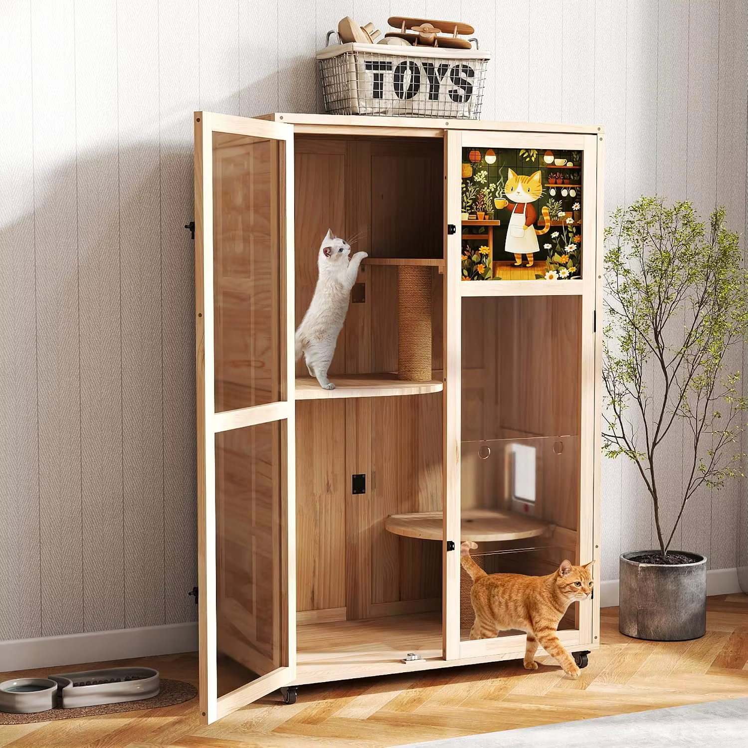 Large Wooden Cat House on Wheels, Indoor Cat Villa with Condo, Multi Platforms, Scratchers, Vent, Litter Box Area, Custom — image 6