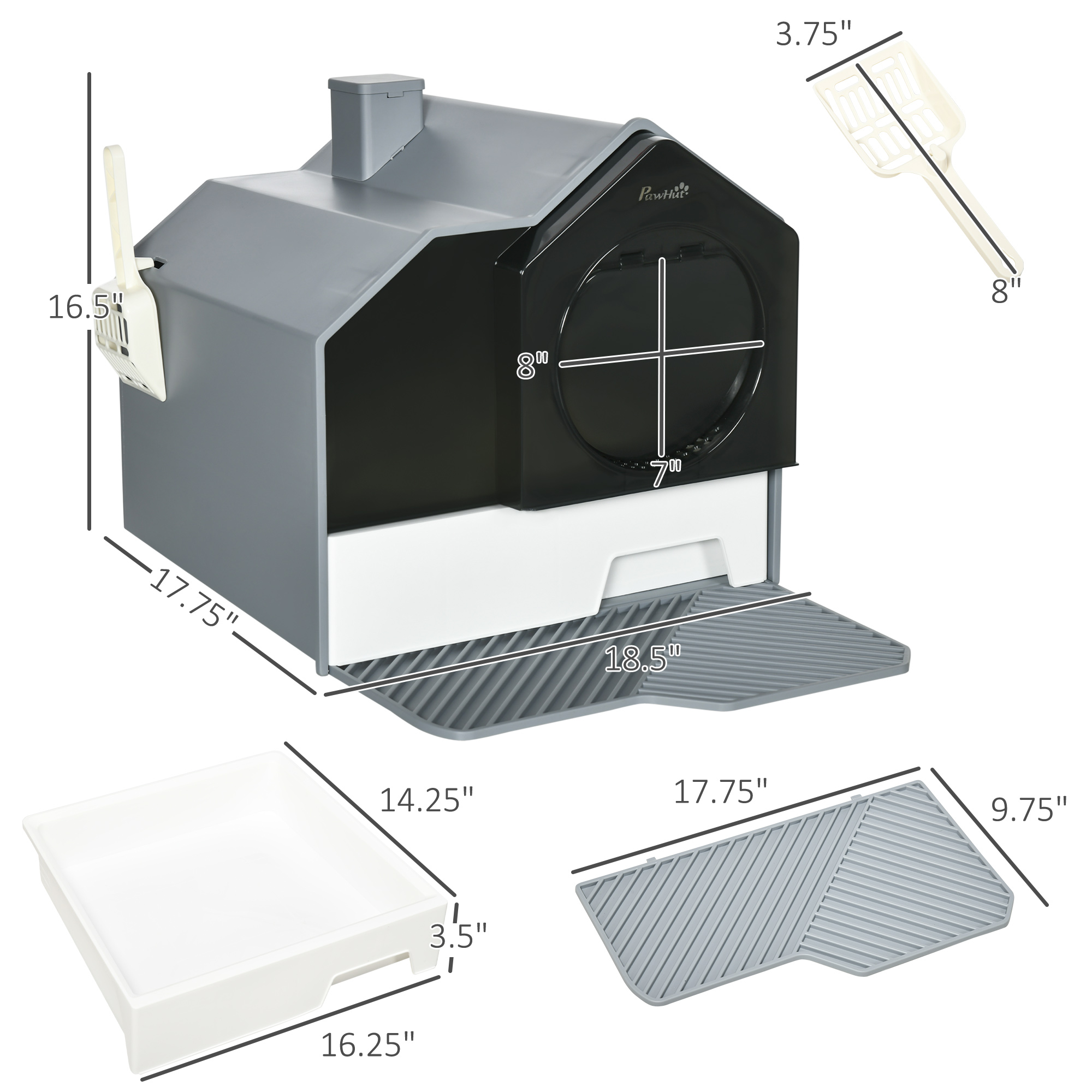 Hooded Cat Litter Box W/ Litter Mat, Litter Particle Catching, Gray — imagen 4