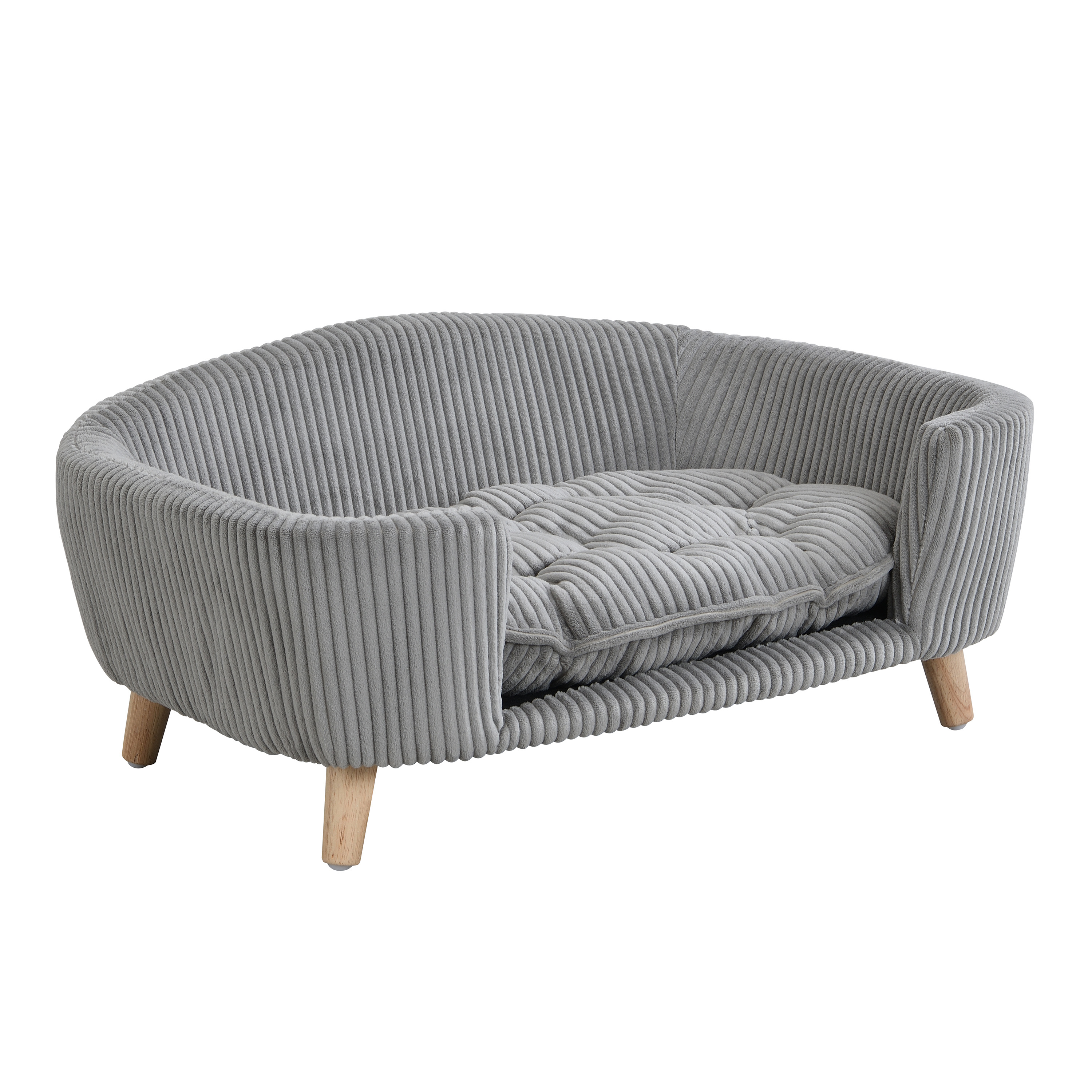 Elevated Dog Bed Frame for Small Dog, Corduroy Pet Couch Bed with Rubber Wood Legs and Supportive Foam, Grey, Easy Assembly — image 7