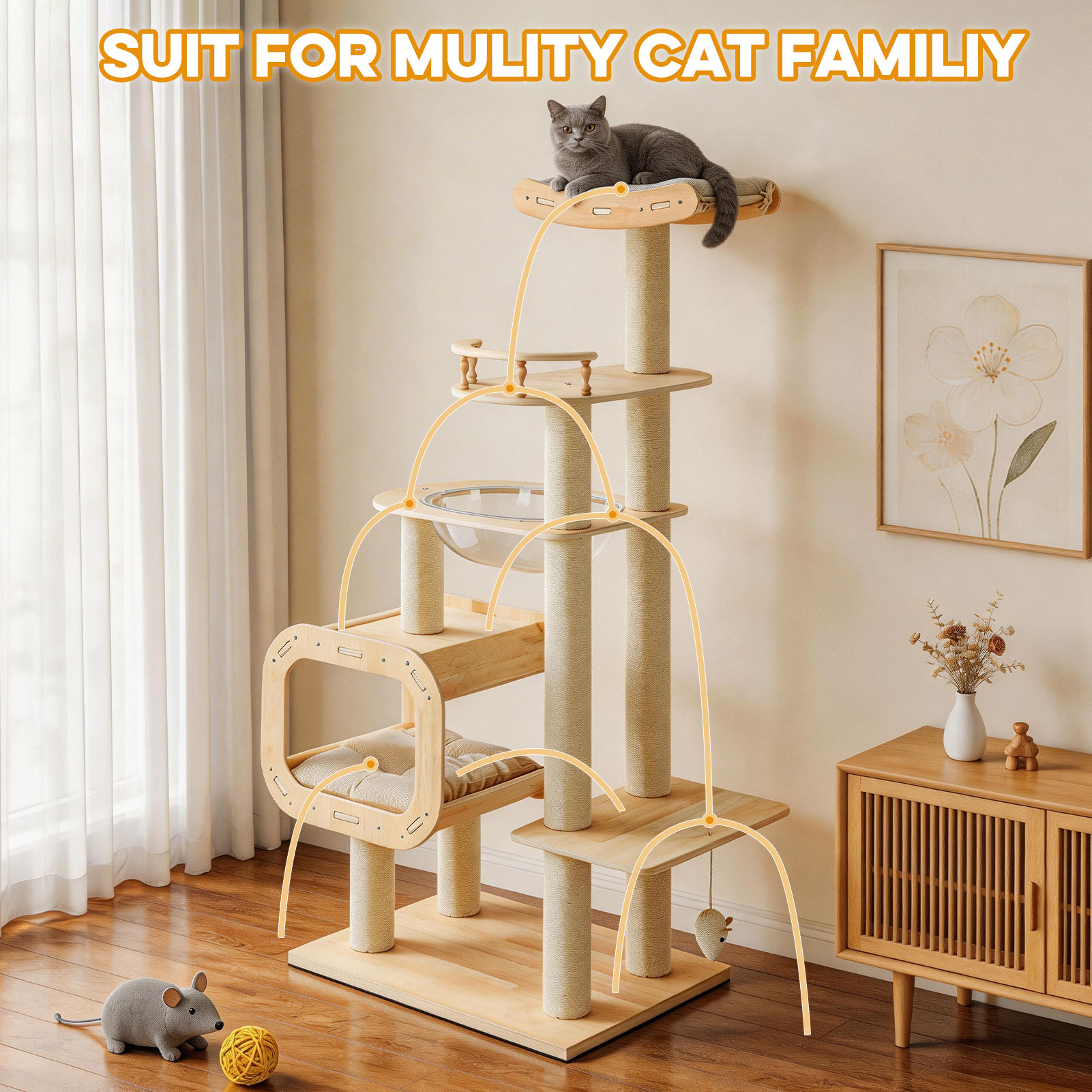 Modern Heavy-Duty No-Drill Cat Tree-Solid Wood Multi-Story Board, 4-Story Multi-Column Cat Tower, 57.9in For Multi-Cat Households, Open Condo, Space Capsule & Perch, Natural Wood Indoor Pet Furniture — image 6