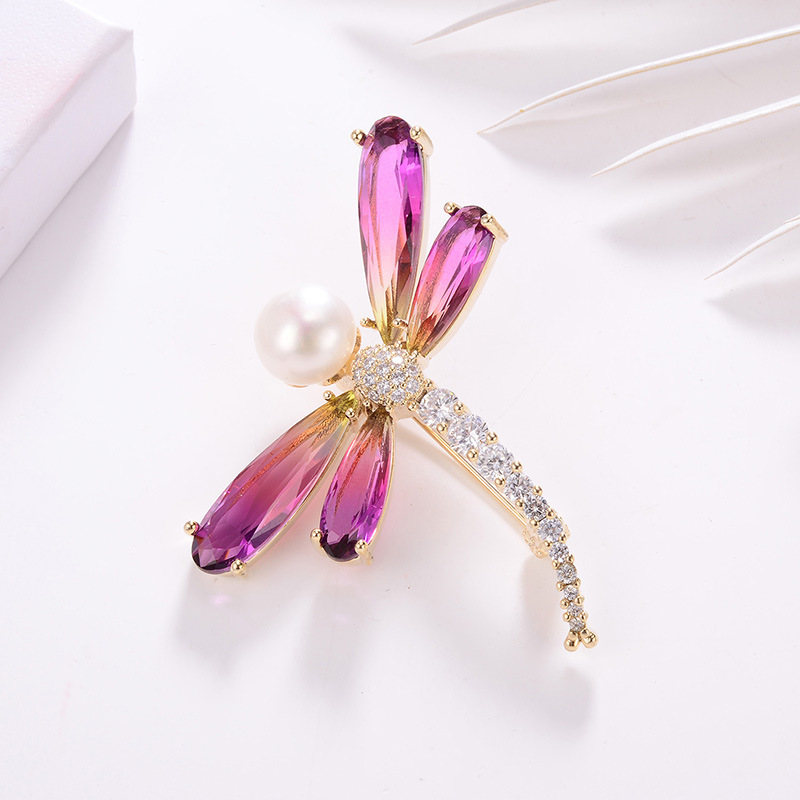 Temperament Exquisite Tourmaline Brooch Fashion Dragonfly Diamond Pearl Corsage Dress Brooch — image 3