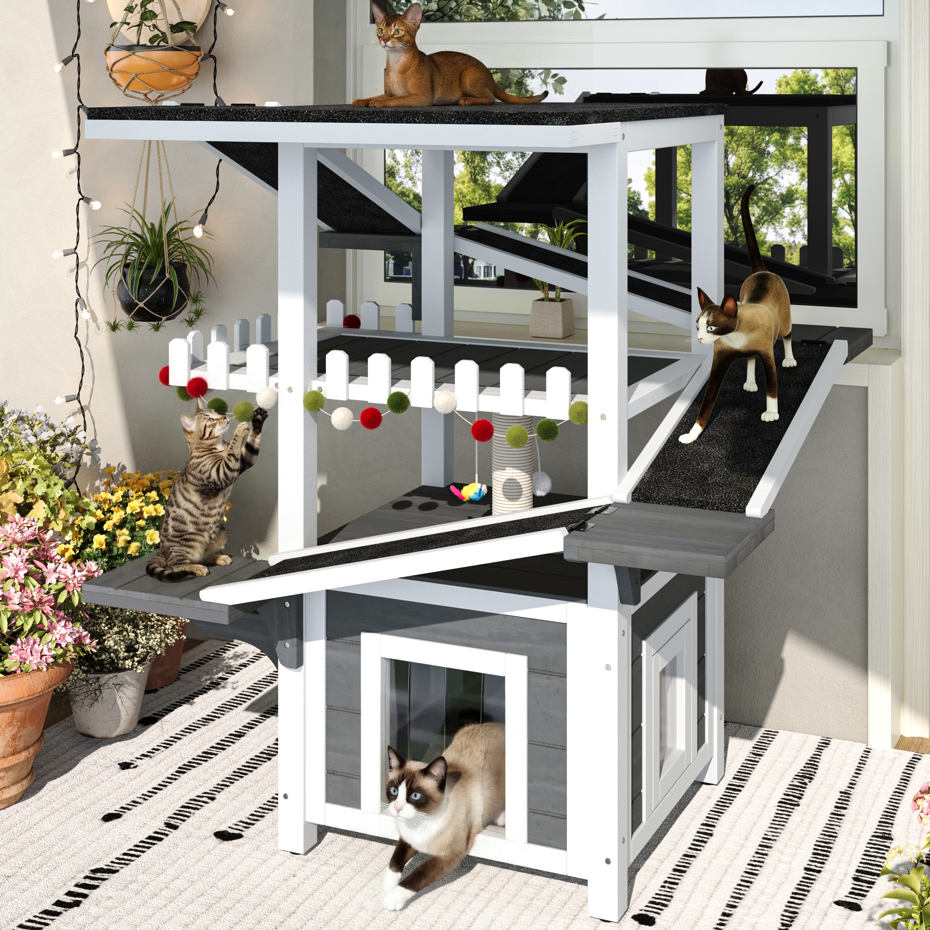 4 Tiers Outdoor Cat House Weatherproof Cat Tree Tower With Waterproof Roof And 2 Doors, Feral Cat Shelter Outside Enclosure, Multi-Level Play Zones With Balcony, For Small Animals, Grey White — image 1
