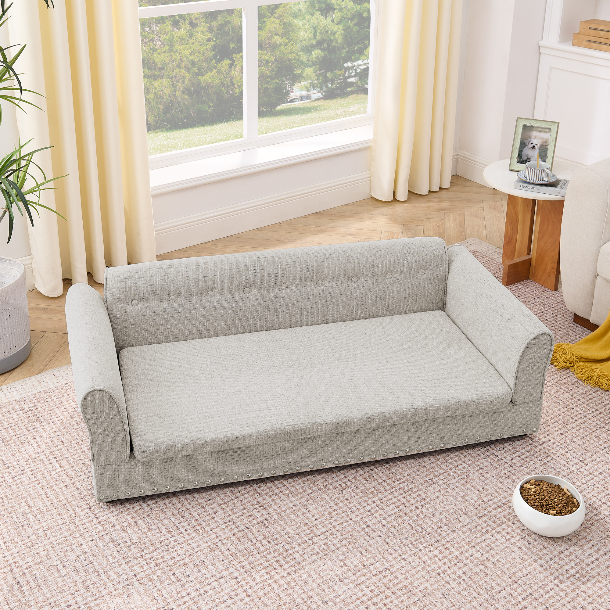 Silla de Sofá Grande para Mascotas, Estilo Moderno Elegante con Tela de Lino, Silla de Perro Elevada con Espaldar y Manijas para Canes Grandes - Beige — imagen 4