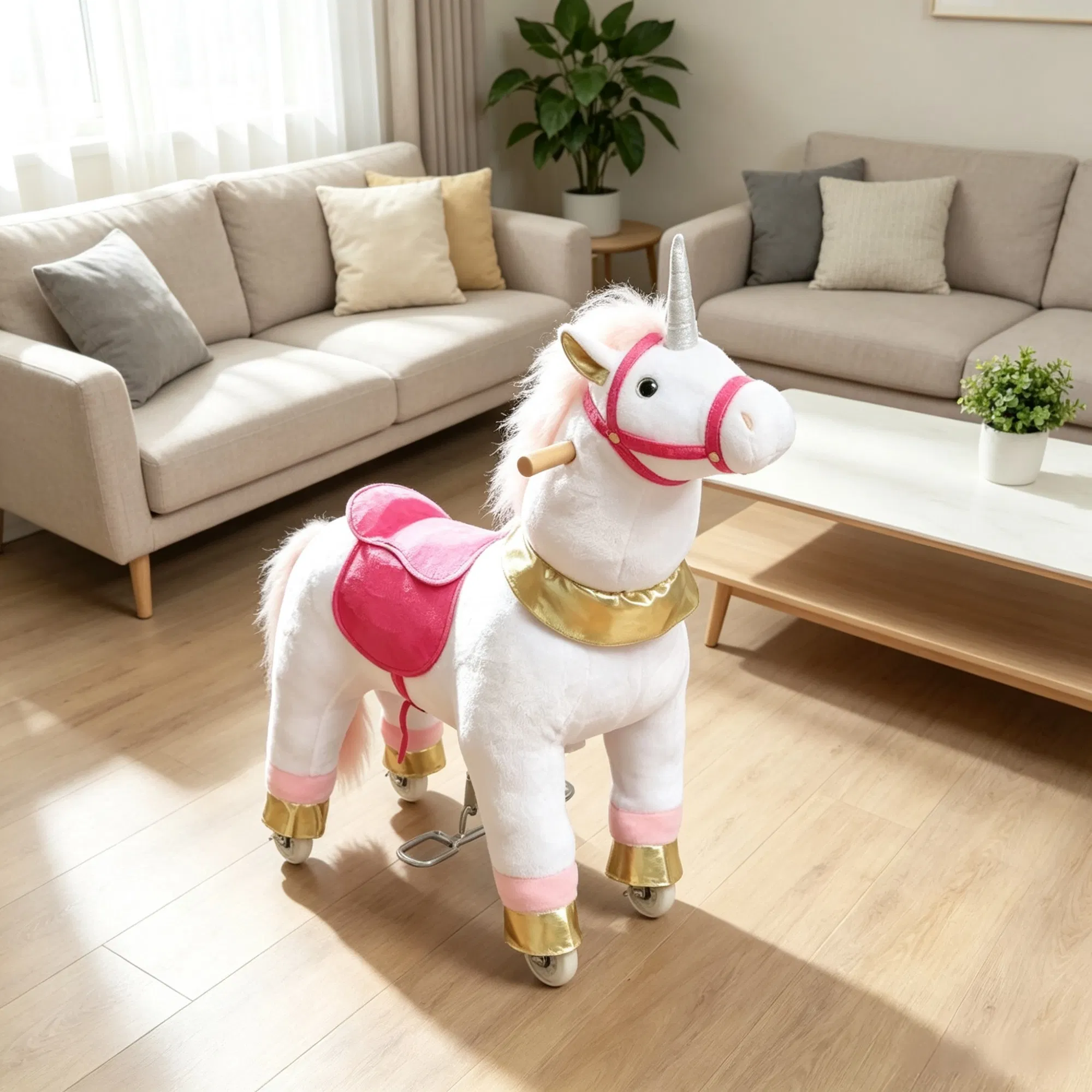 White 29.5" Plush Unicorn Ride-On Toy | Kids Rocking Horse with Wheels, No Battery 3-5 Years — image 2