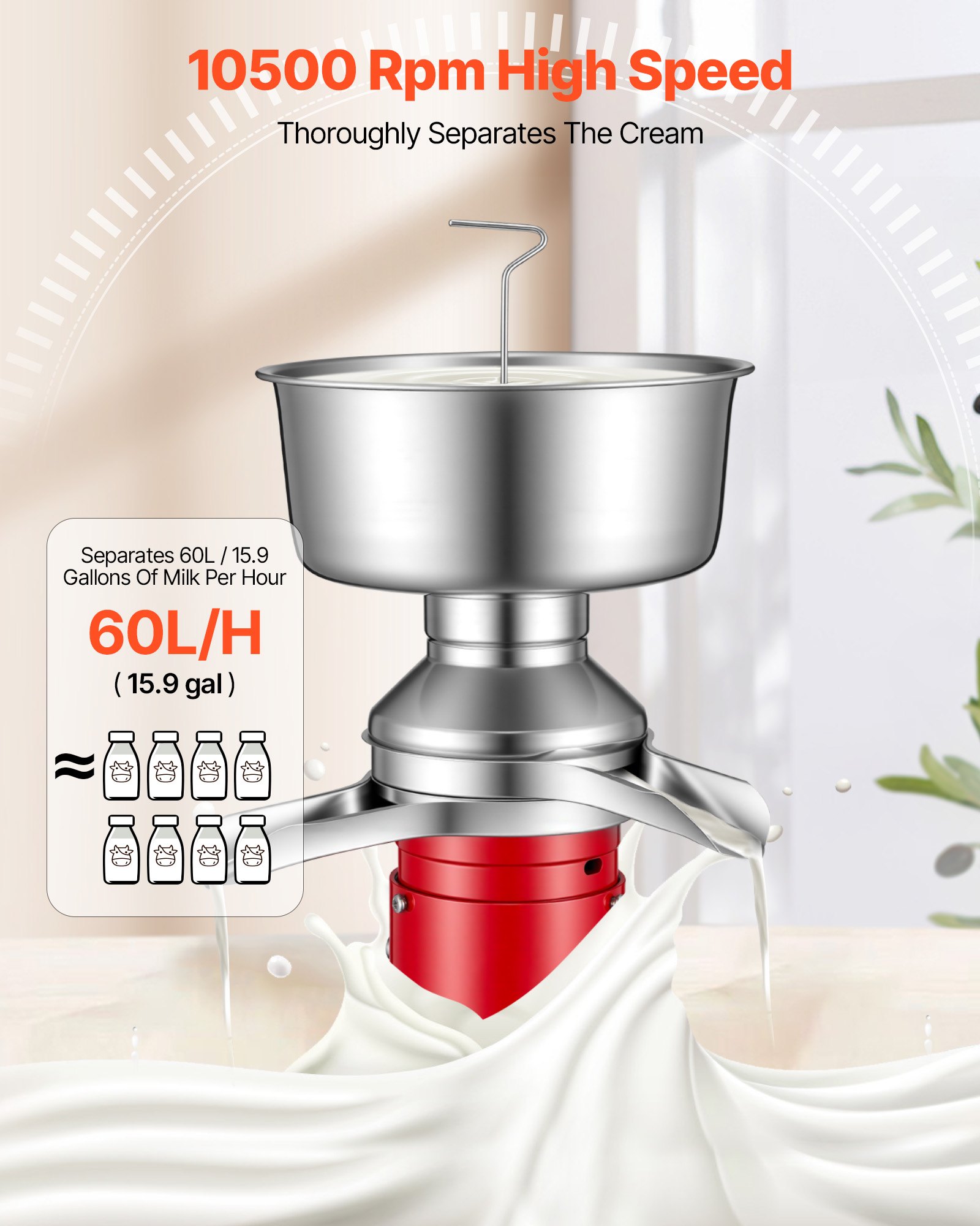 Separador Eléctrico de Leche y Mantequilla, 60 L/h Salida, 10500 RPM Centrifugador de Leche y Mantequilla con Acero Inoxidable 304 para Cabras y Vacas, Capacidad de Cazo 4.5L (40W, 100-240V) — imagen 2