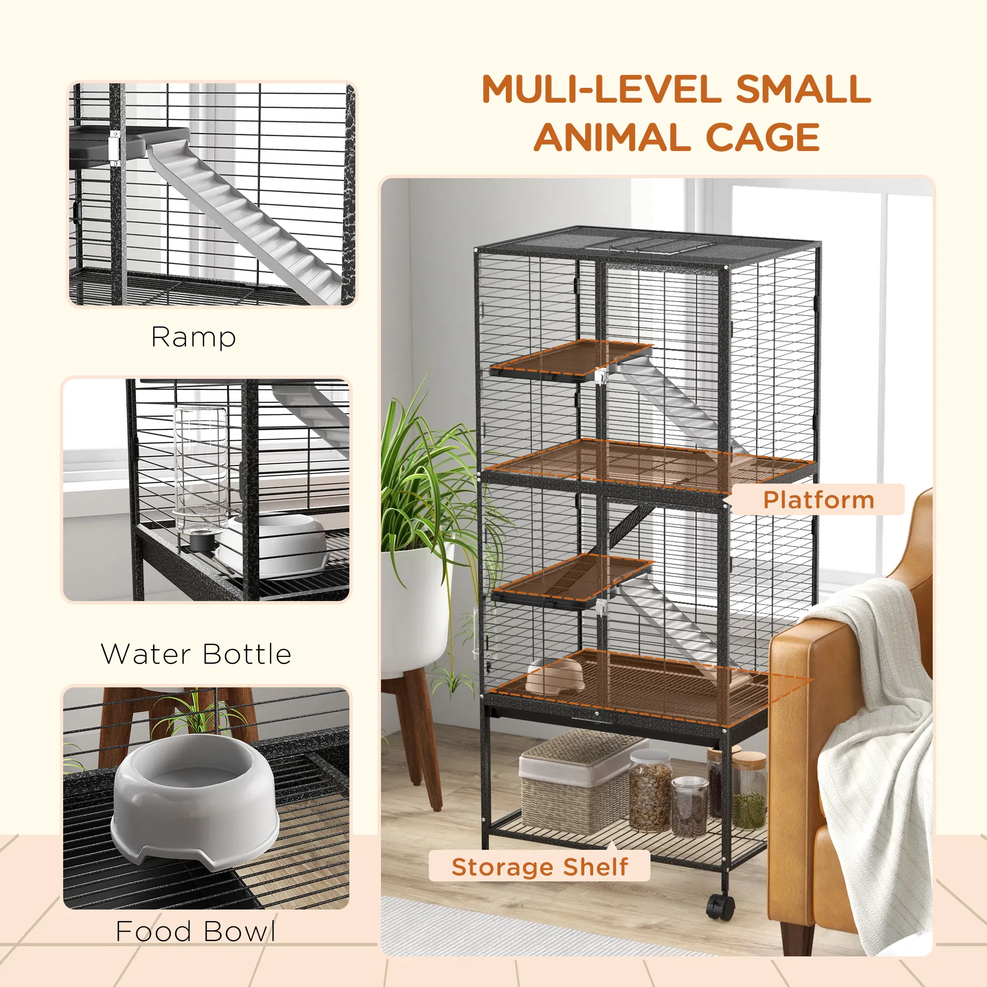 Rolling Small Animal Cage 53.5"H Chinchilla Cage for Ferrets, Squirrels w/ Removable Tray, Storage Shelf, Dark Grey — image 3