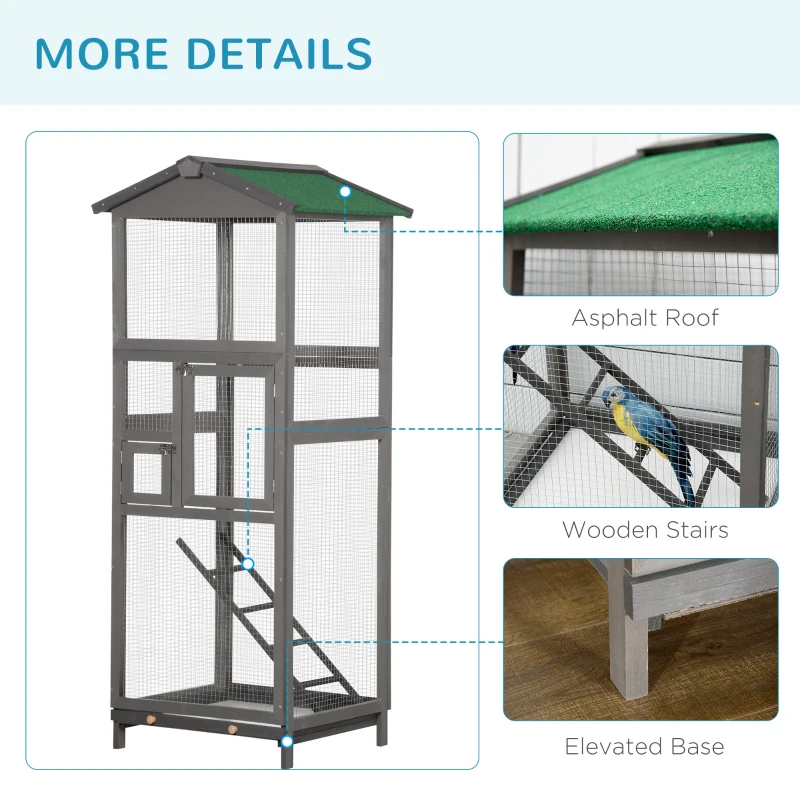 Wooden Bird Cage Outdoor Aviary House For Parrot, Parakeet, With Pull Out Tray And 2 Doors, Grey — imagen 9