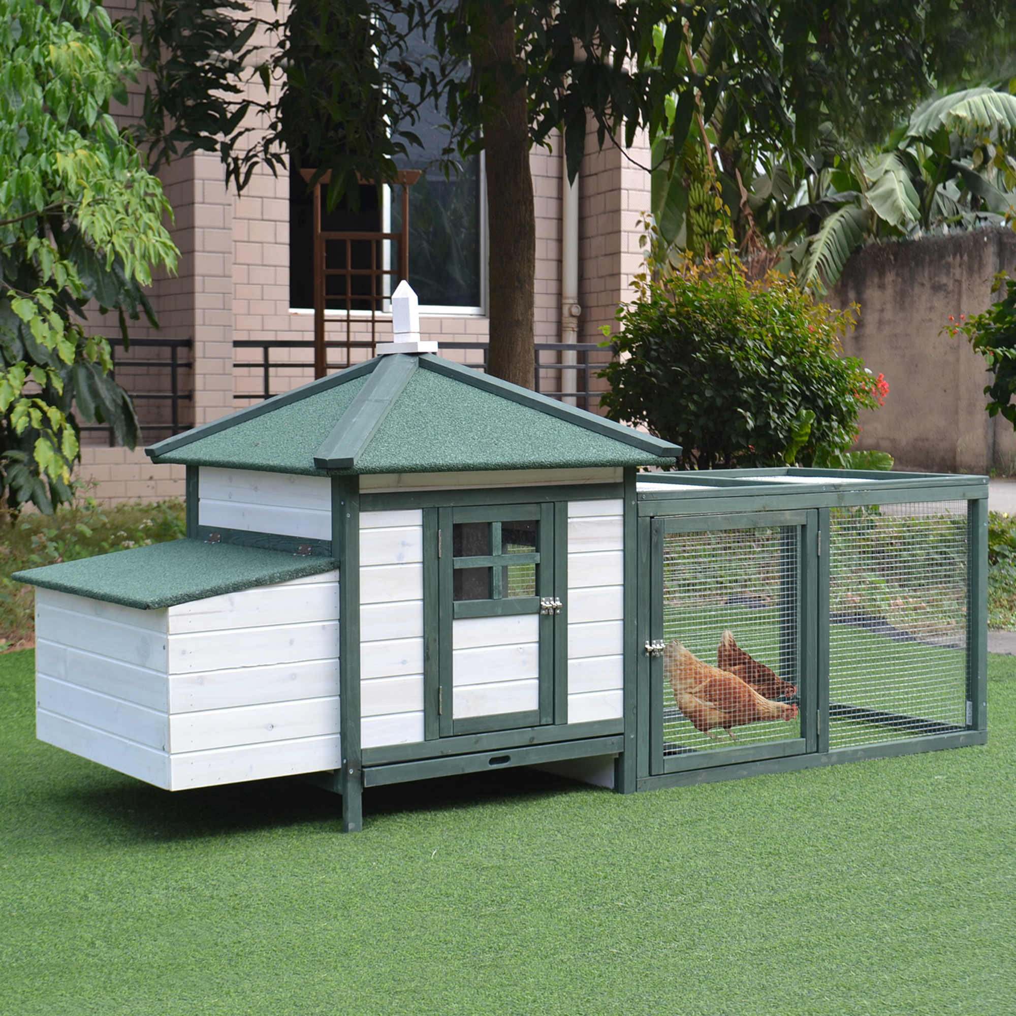 Casa de Gallinas de Madera de 77" con Techo Impermeable, Box de Incubación y Corral Acristalizado para Jardín Exterior — imagen 4