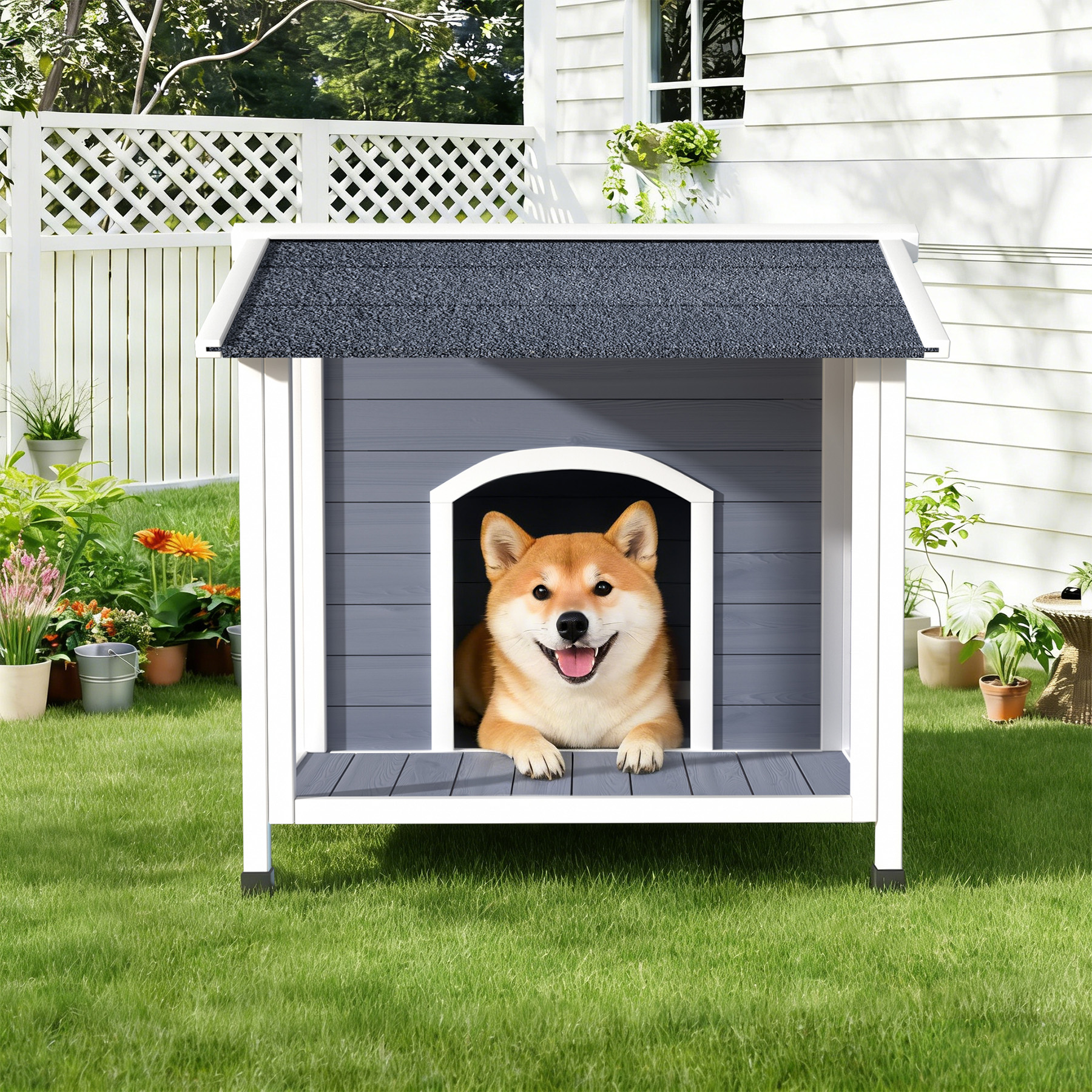 Casa de Perro Exterior, Refugio de Madera Resistente al Tiempo con Techo de Asfalto, Diseño de Piso Elevado, Montaje Fácil, Para Perros Pequeños a Medianos — imagen 3