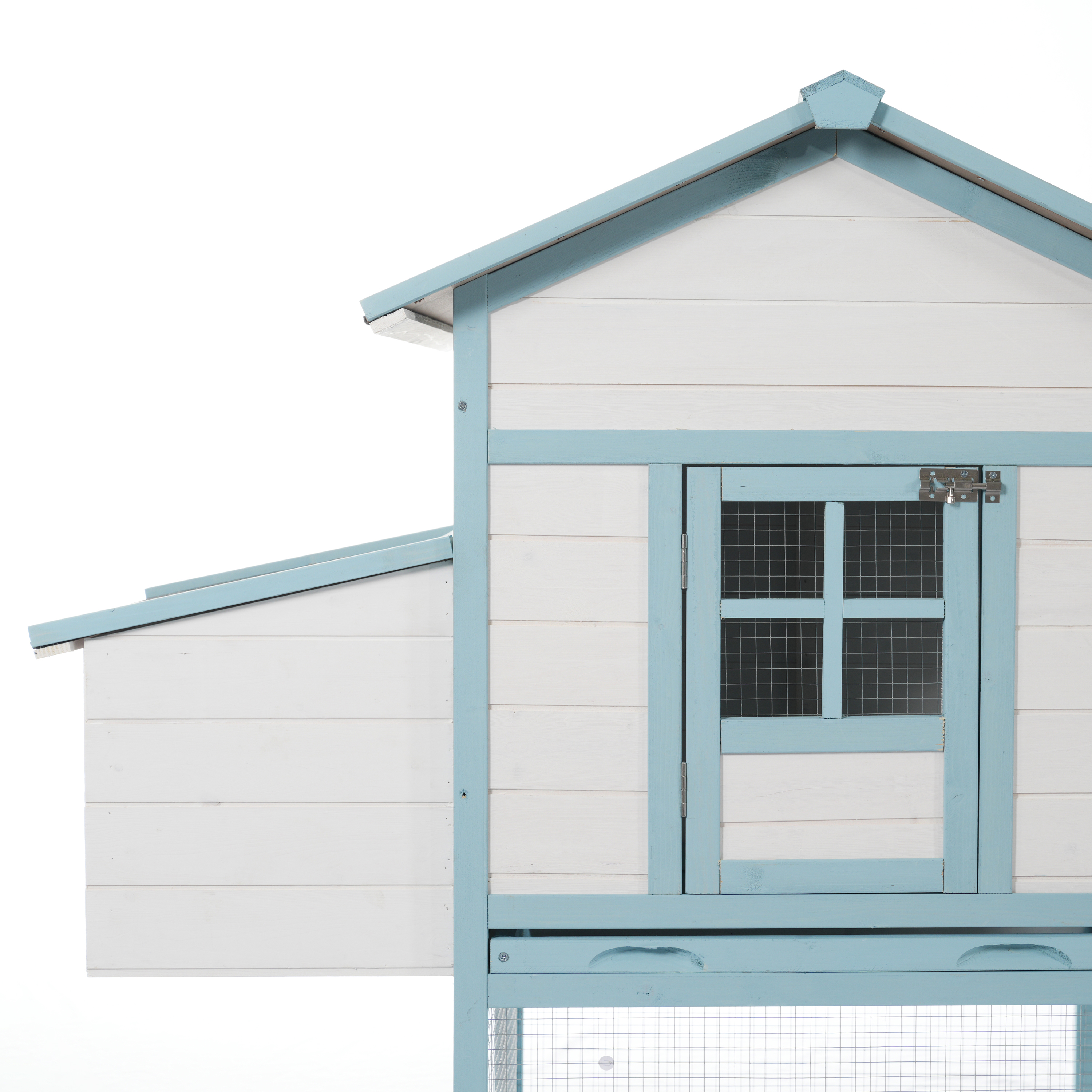 Casa de Gallinas Grande en Madera con Dos Cajas de Incubación, Corral Exterior con Techo Impermeable de Asfalto y Acceso Peatonal, Jaula de Pollos de Madera de Abeto con Platos de Desperdicios Retraillables, Azul y Blanco para Gallineros de Patio — imagen 12