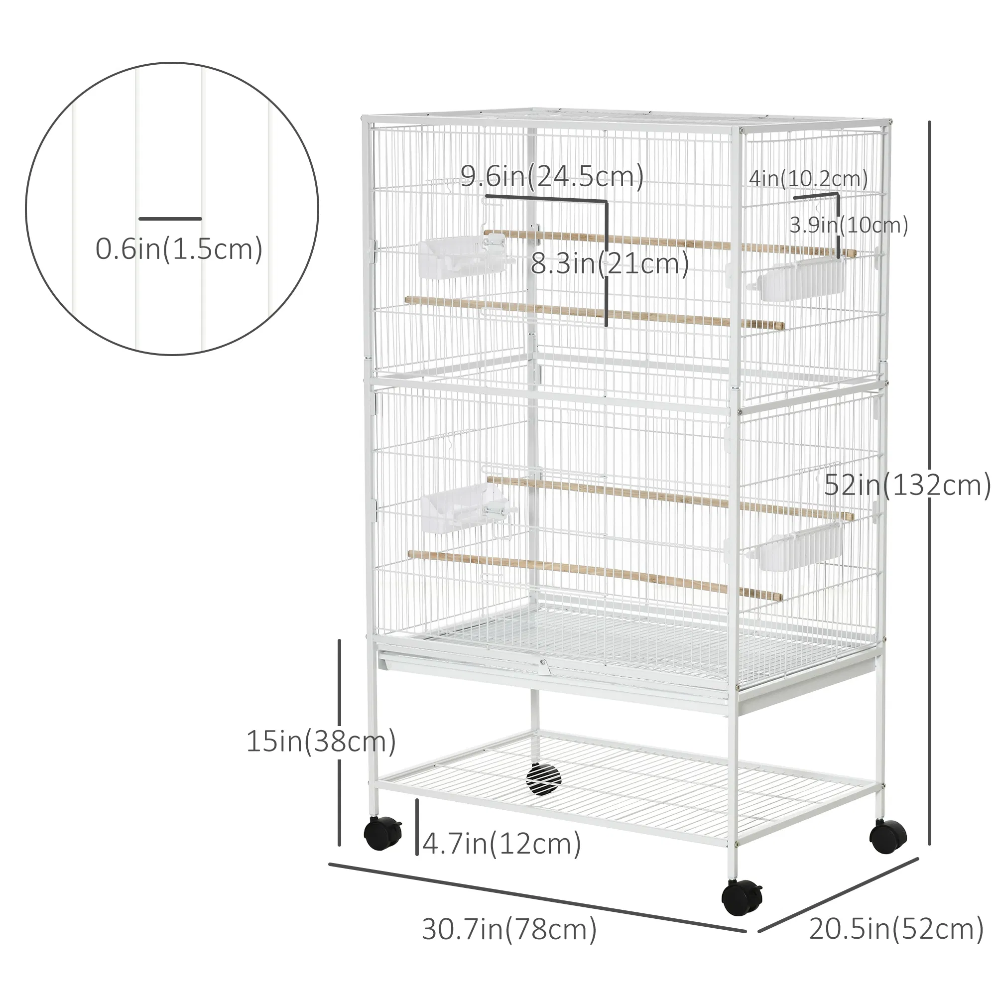 52" Large Rolling Steel Bird Cage Bird House with Rolling Stand, Storage Shelf, Wood Perch, Food Container, White — image 6
