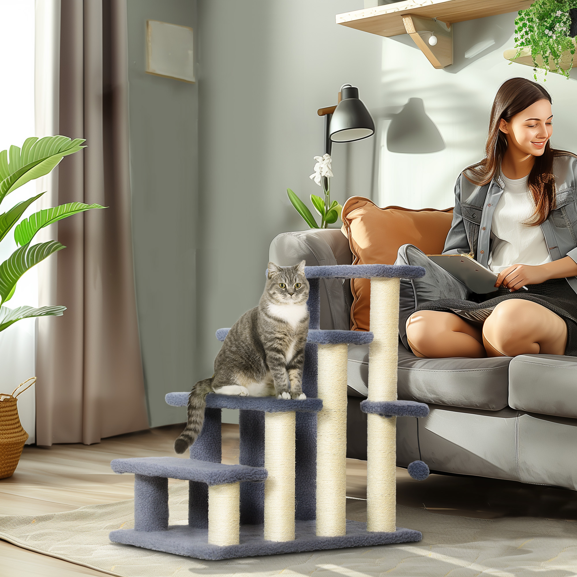 Escalones para Gatos de 4 Niveles con Postes Rascadores para Cama Alta, Sofá, Gris — imagen 7