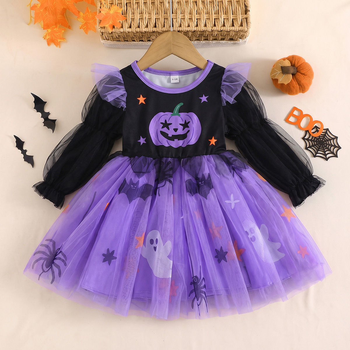 Vestido de Halloween con calabaza y tulle para niñas manga larga manga en forma de pompon estampado fantasmas arañas — imagen 6