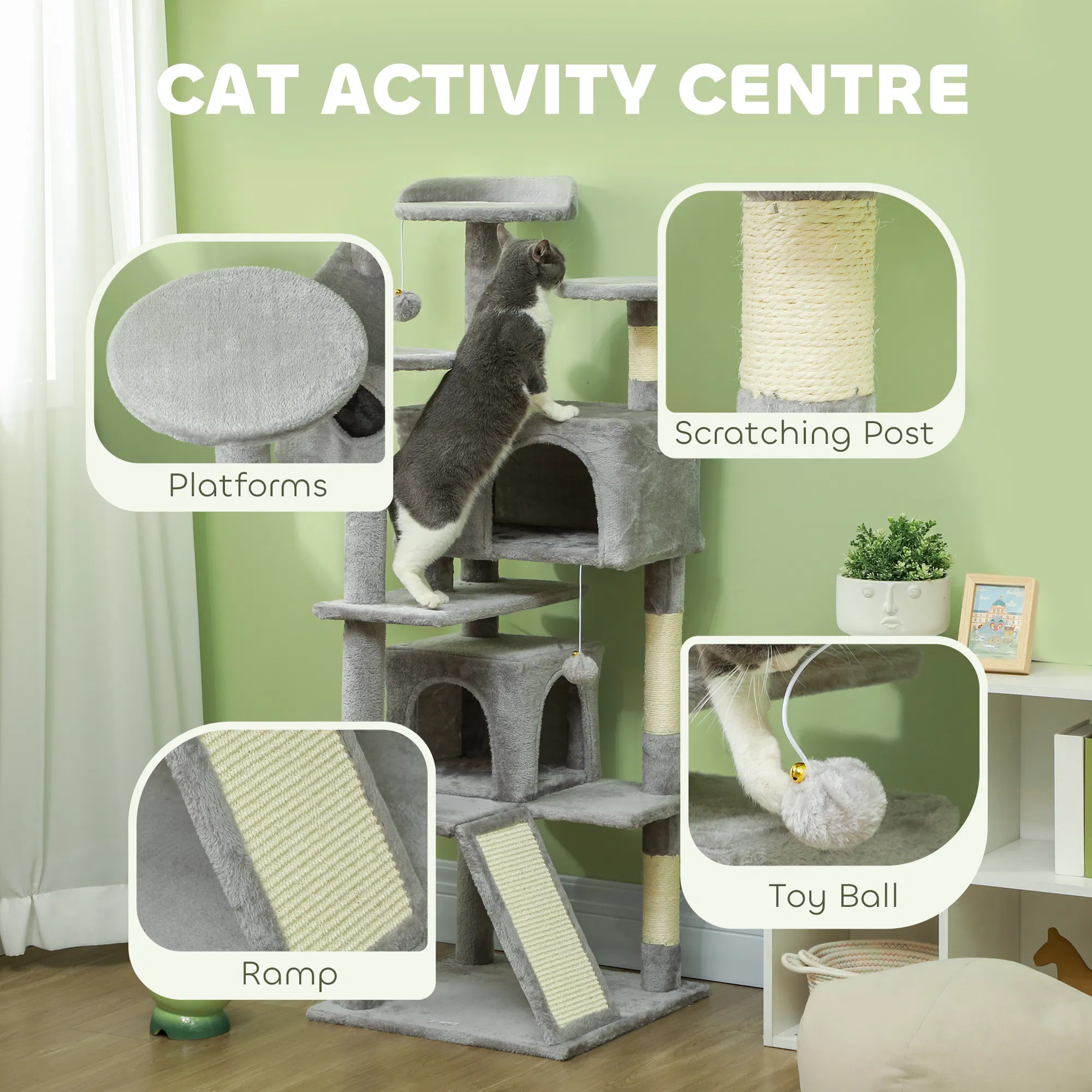 54" Cat Tree, Multi-Level Cat Tower with Scratching Posts, Cat Condos, Bed, Platforms, Ramp, Toy Ball, Light Grey — image 4