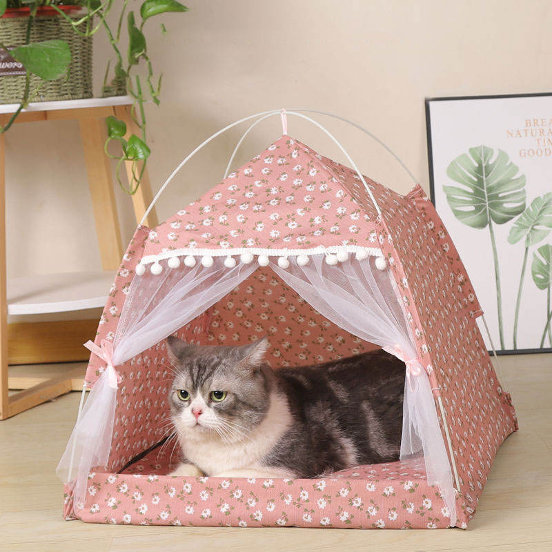 Pet Dog Cat Teepee Tent Bed Puppy Tent Indoor Pet Tentstripe Canvas Teepee For Pet Cage Tent — image 1