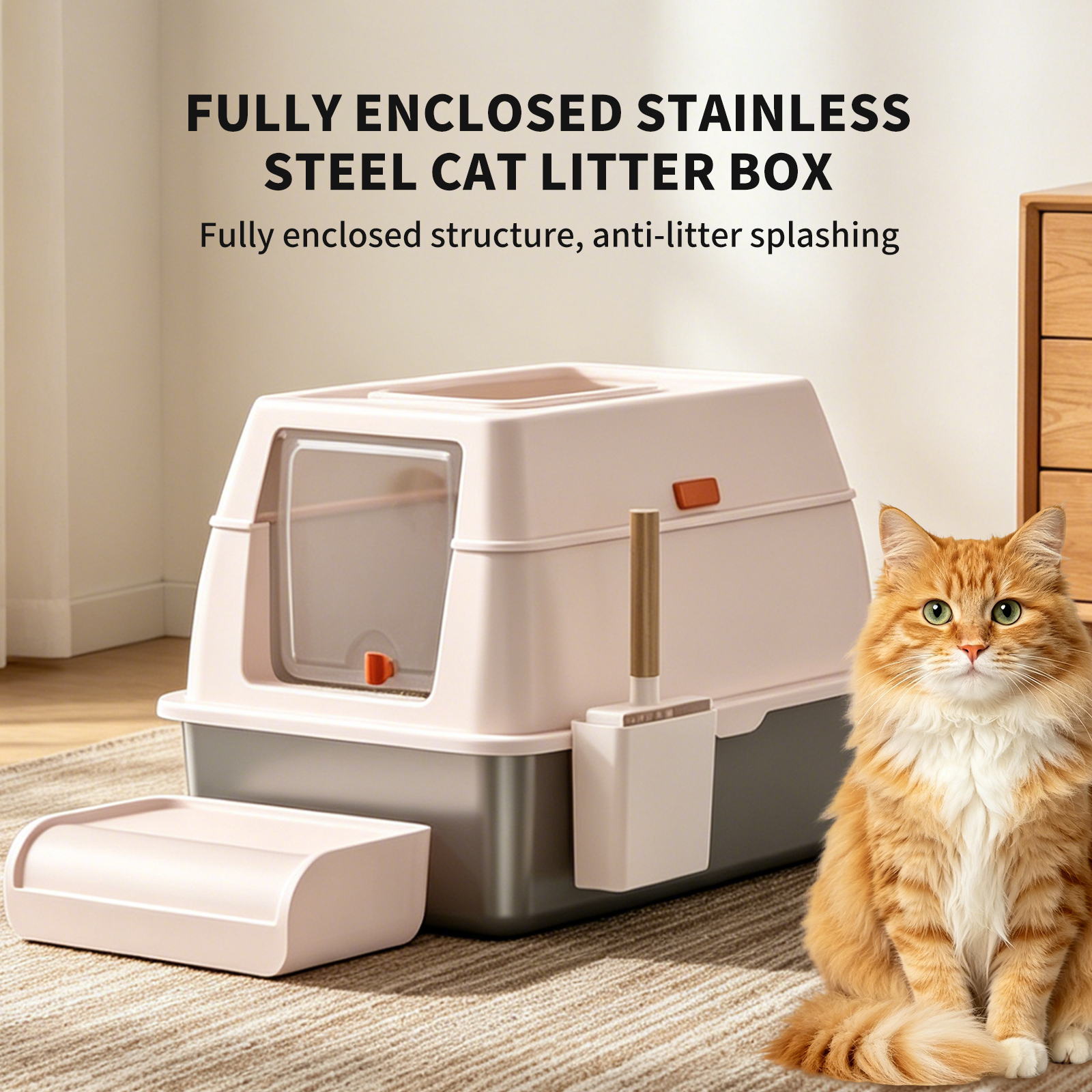 Caja de Arena para Gatos con Entrada Doble y Peldaño - Acero Inoxidable con Cuchara y Accesorios