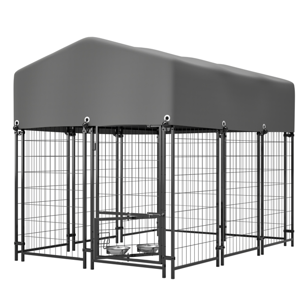 Dog Kennel Outdoor With Roof, 4.23'x5.82'x4.83' Welded Wire Enclosure, Heavy Duty Dog Crate With UV-Resistant Waterproof Cover, Double Lock & Rotating Feeder — image 1