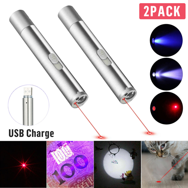 2PCS 3 in1 1mw USB Rechargeable Pet Toy Pen Flashlight Red laser Beam UV Light 3-Modes Lamp — image 3