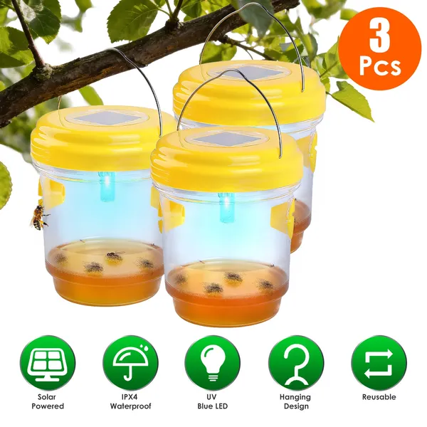 Trampas Solares para Avispas, Paquete de 3, Atrapainsectos Colgantes para Exterior con Luz UV, para Avispas de Papel, Avispas Amarillas, Avispones Pequeños, Moscas de la Fruta y Moscas Comunes — imagen 1